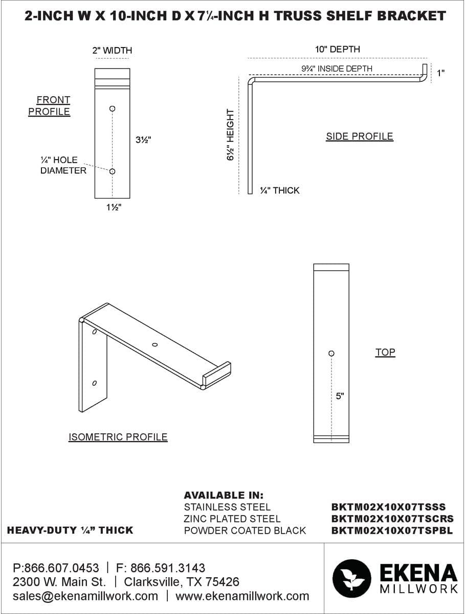 Ekena Millwork 2"W x 10"D x 7 1/4"H Steel Truss Shelf Bracket, Unfinished