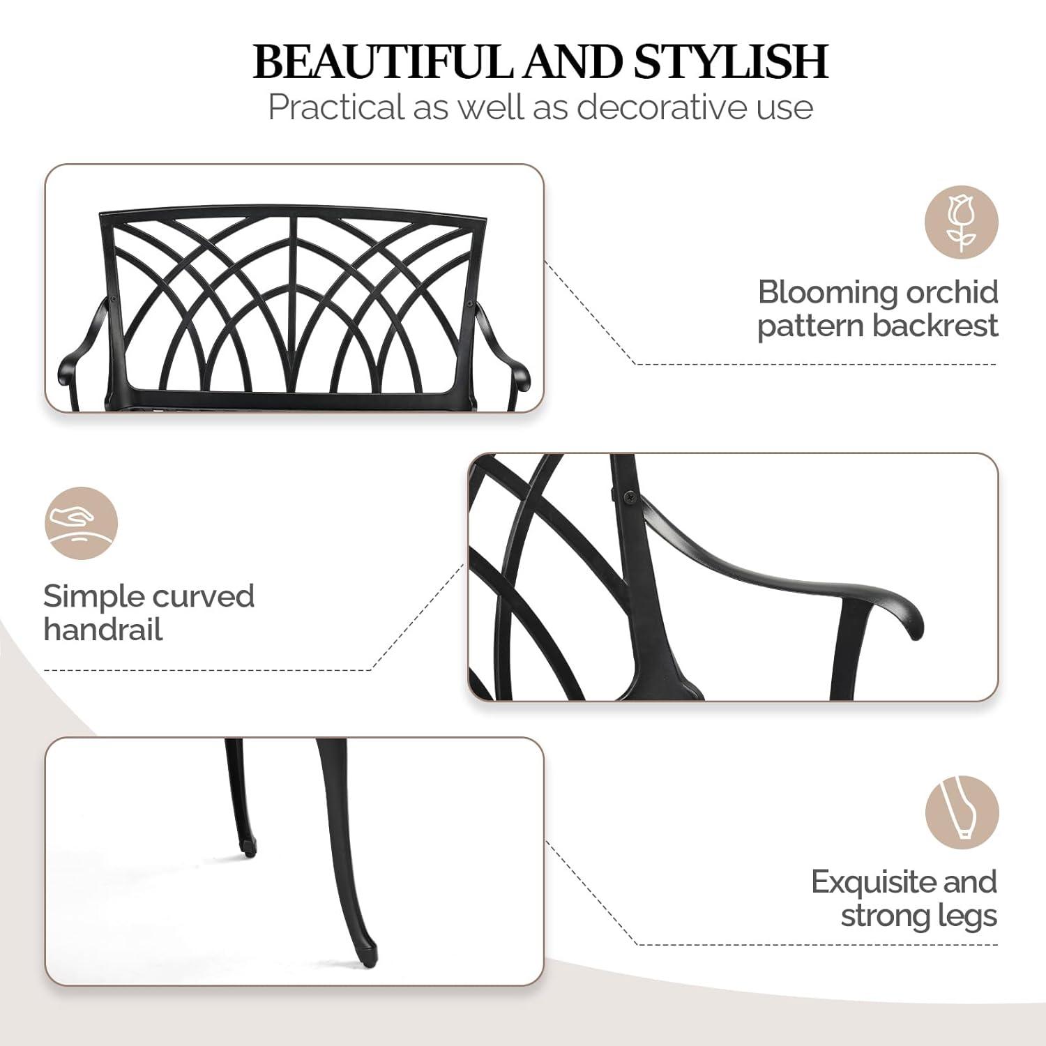 VINGLI 38" Outdoor Garden Orchid Bench, Black Cast Iron Cast Aluminium Solid Frame，Accented Yard Front Porch Patio Outside Park Decor Deck Furniture for 1-2 Person Seat