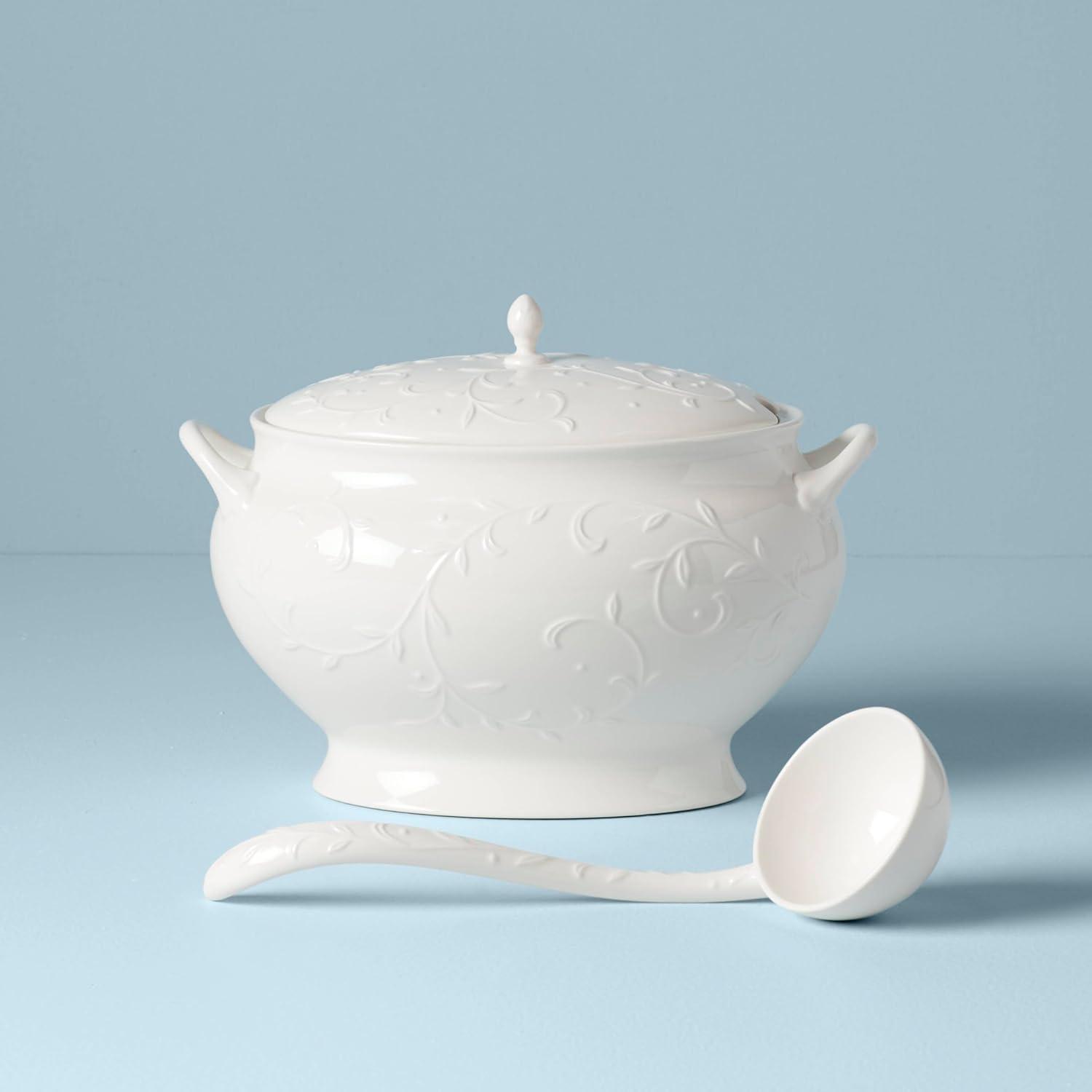 White Porcelain Soup Tureen with Ladle and Lid