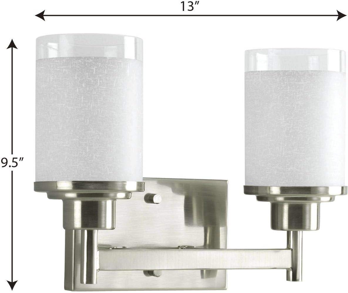 Progress Lighting Alexa Collection 2-Light Bath Fixture, Brushed Nickel, White Linen Glass Shade