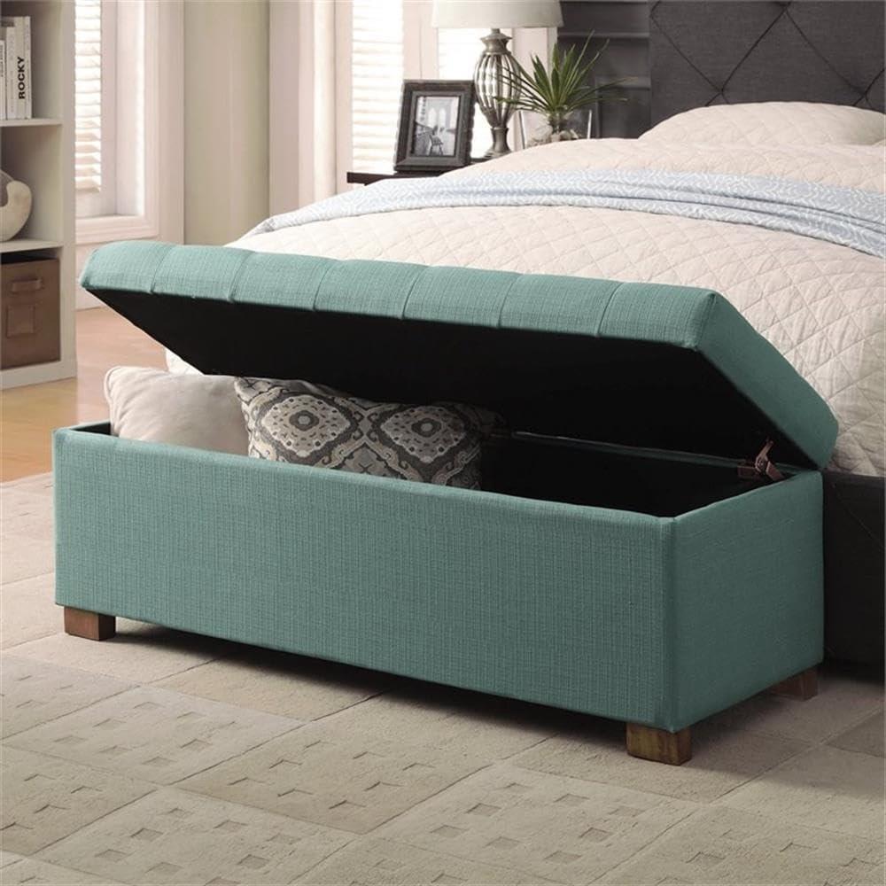 Teal Tufted Fabric Storage Bench with Wood Legs