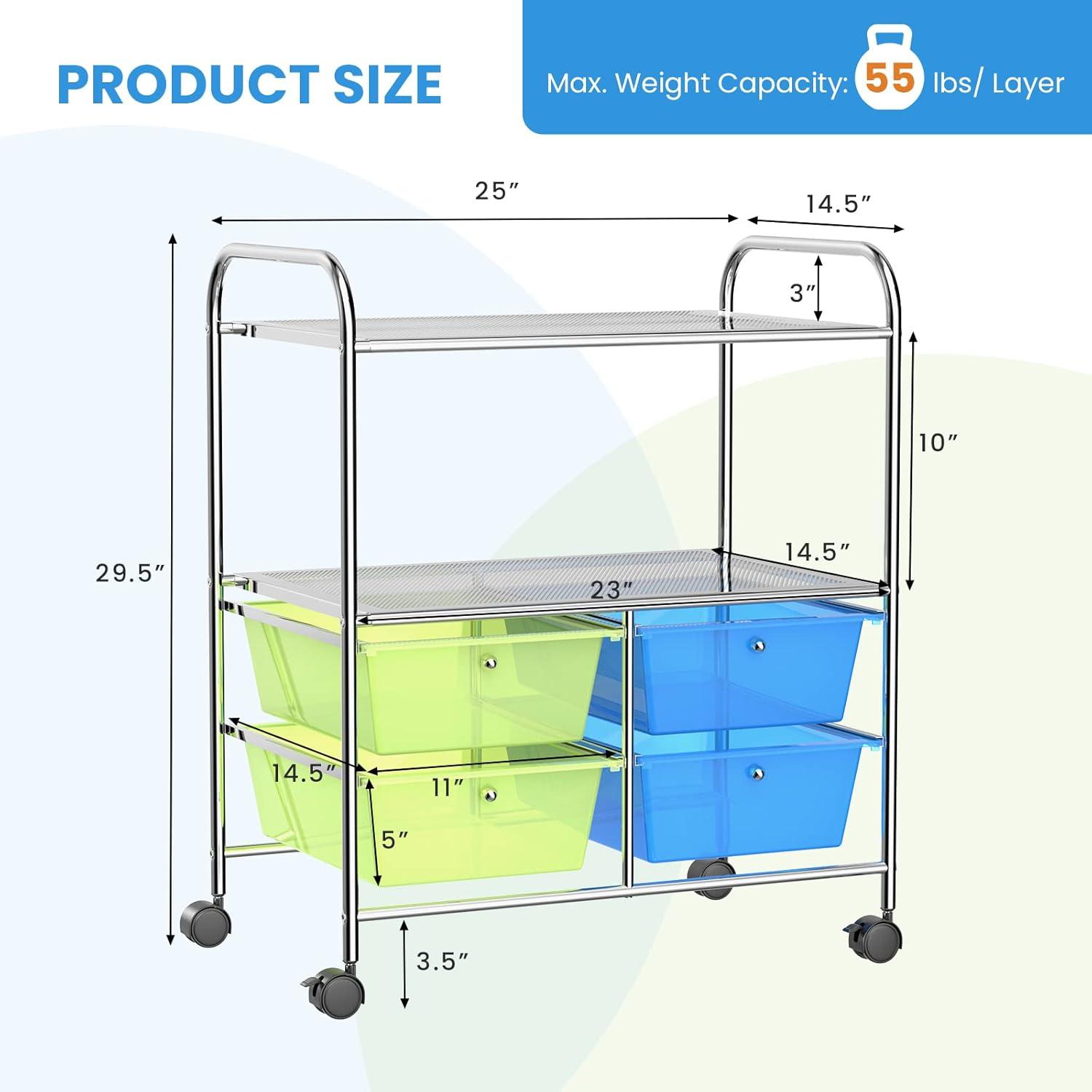 Costway 4 Drawers Rolling Storage Cart Metal Rack Shelf Home Office Furniture 2 Shelves