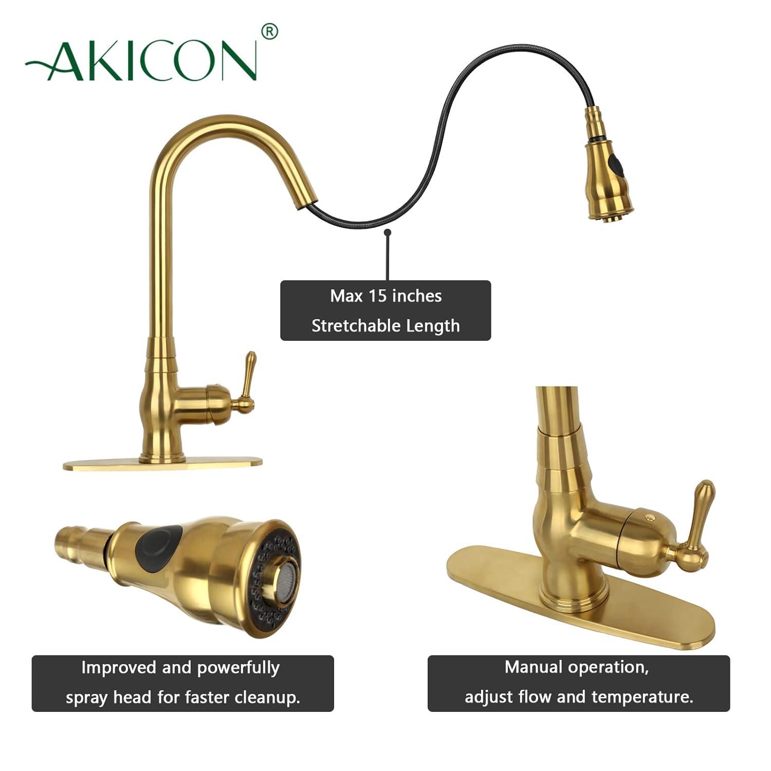 Akicon One-Handle Pull-Down Kitchen Faucet Single Level Solid Brass Kitchen Sink Faucet with Deck Plate (Brushed Gold)