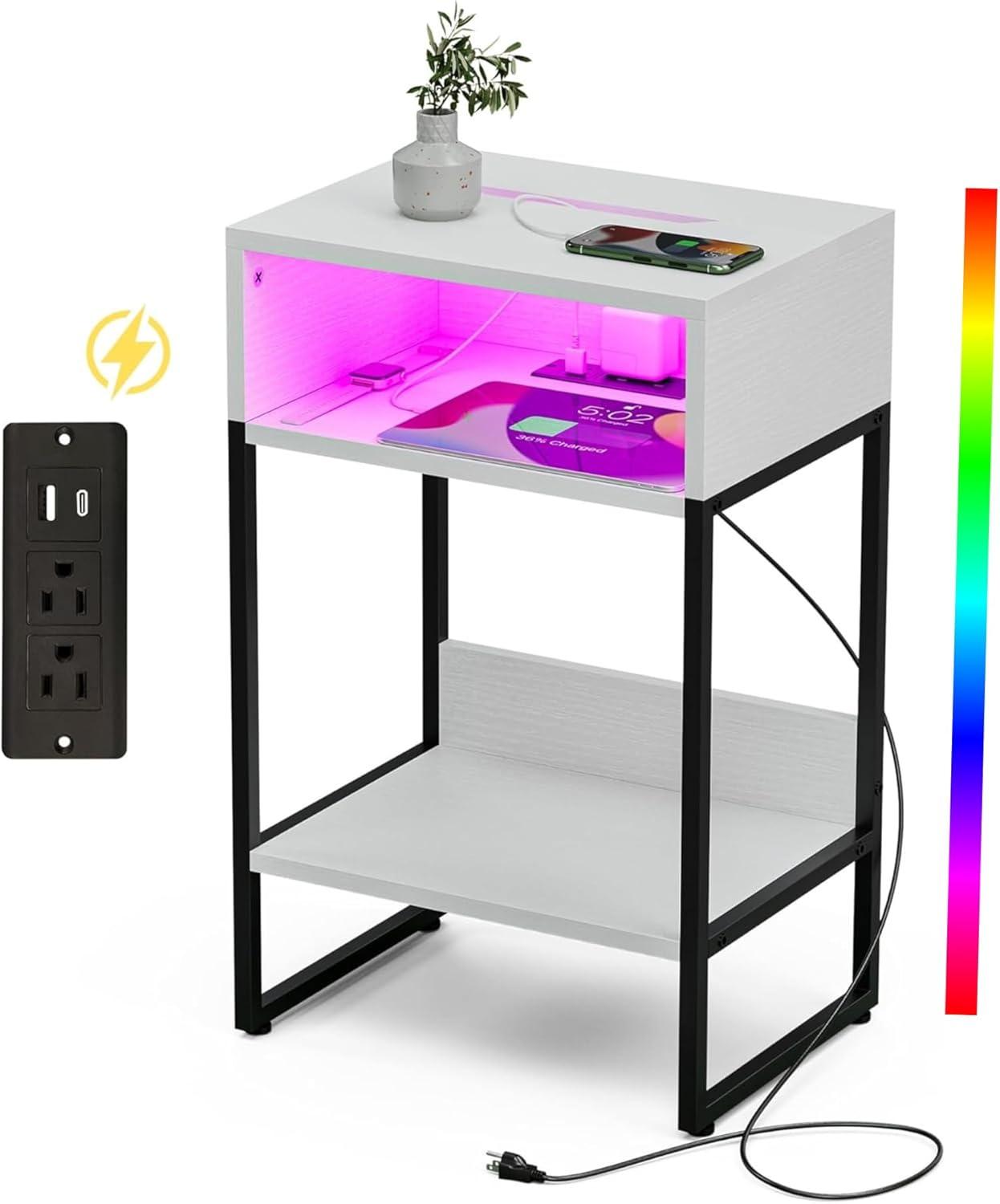 Innerjoin Side Table with Charging Station USB A&C Ports, LED Nightstand with Storage Compartment, Bed Side End Table with Color Charging Light Strip, White