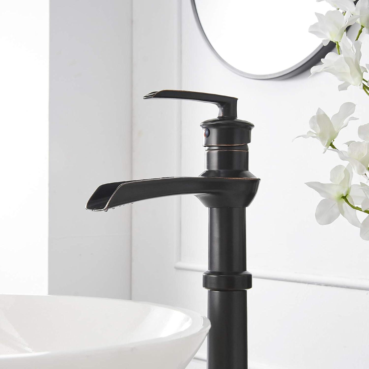 Vessel Sink Faucet Oil Rubbed Bronze Bathroom Faucet Waterfall Farmhouse Single Hole Single Handle for Sink Lavatory Faucets with Pop Up Drain Without Overflow Supply Line