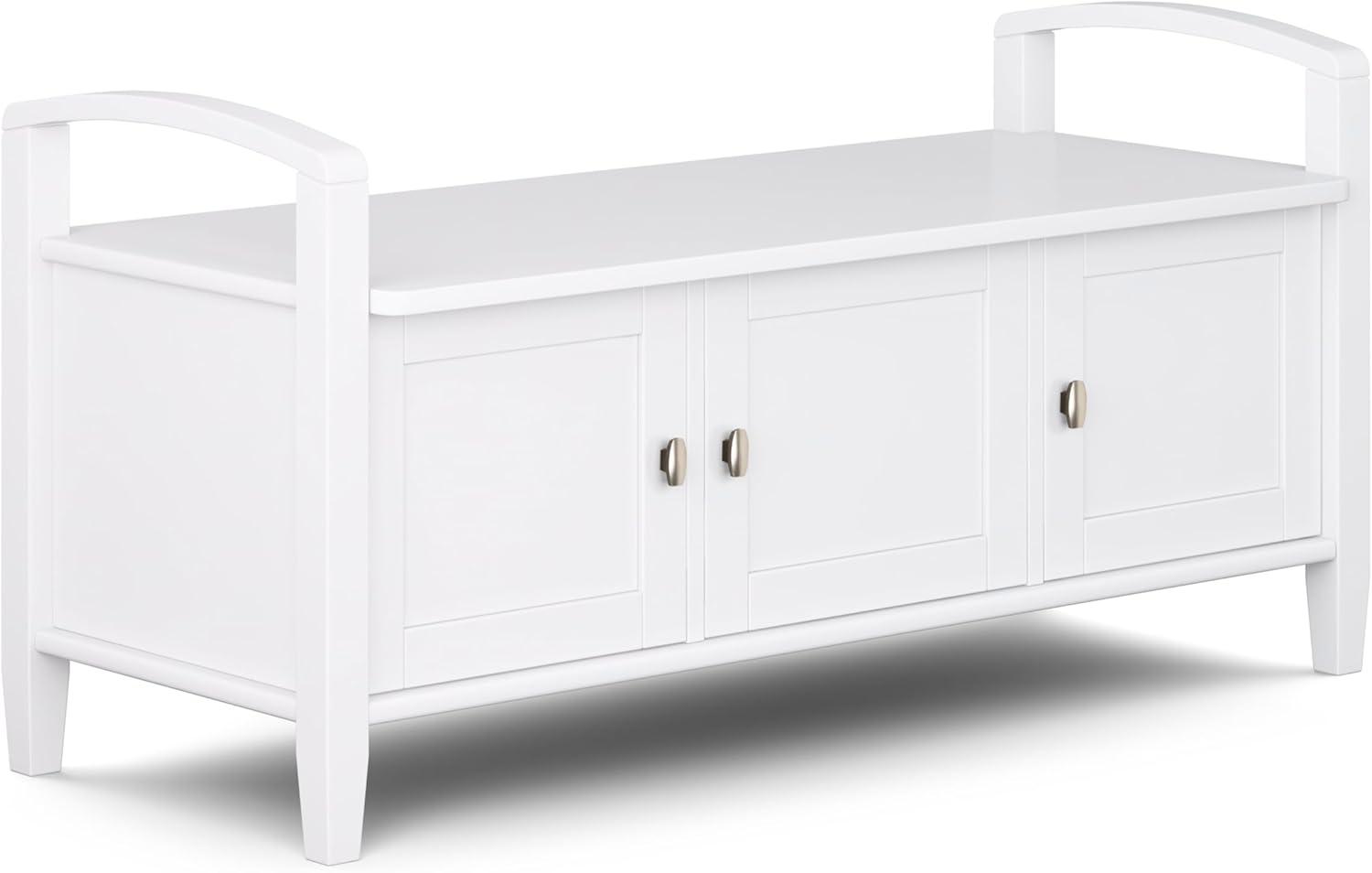 Simpli Home Warm Shaker 44"W Solid Wood Entryway Storage Bench with 3 Cabinets, Shaker-Style Doors and Interior Shelves