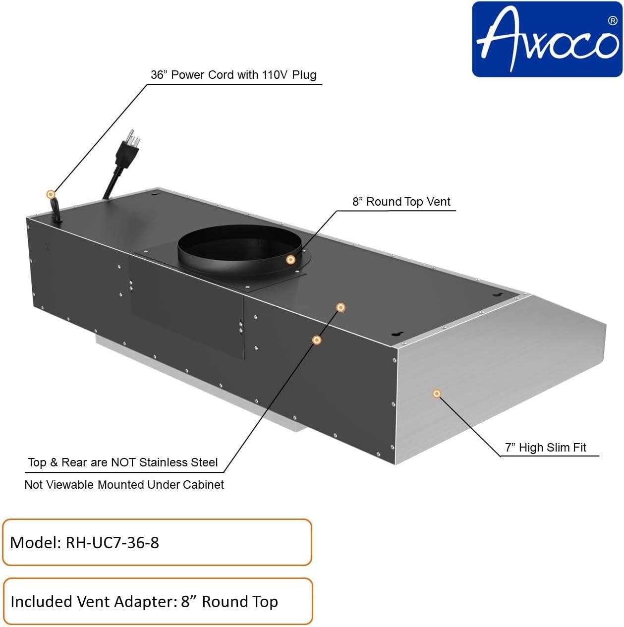 Awoco 36" Stainless Steel 900 CFM Ducted (Vented) Under Cabinet Range Hood with Baffle Filter