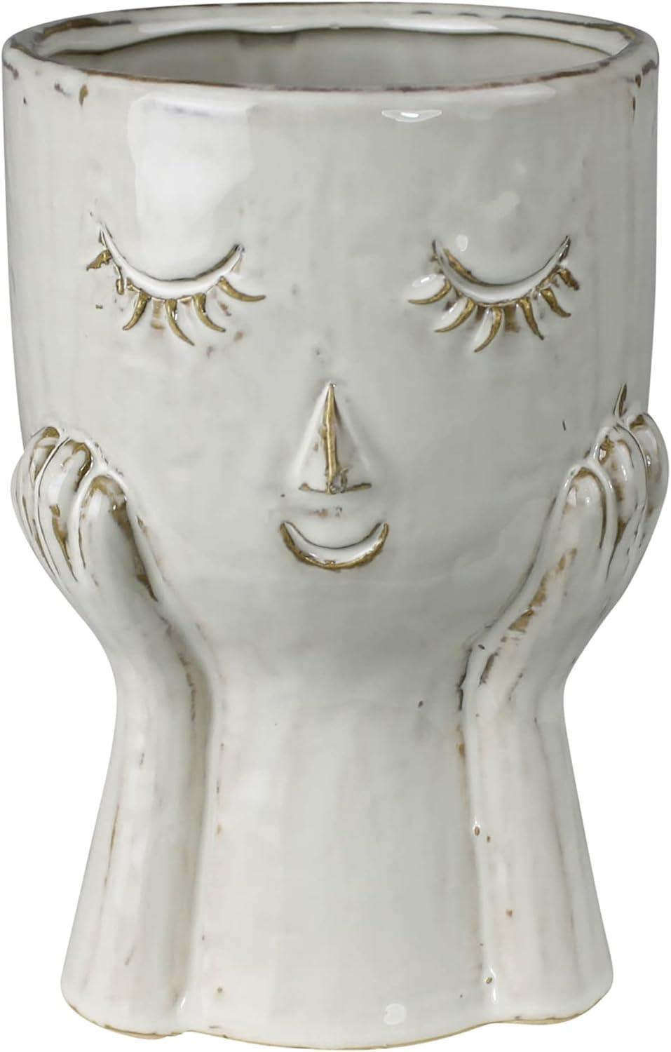 7-Inch White Ceramic Face Vase for Floral Bouquets