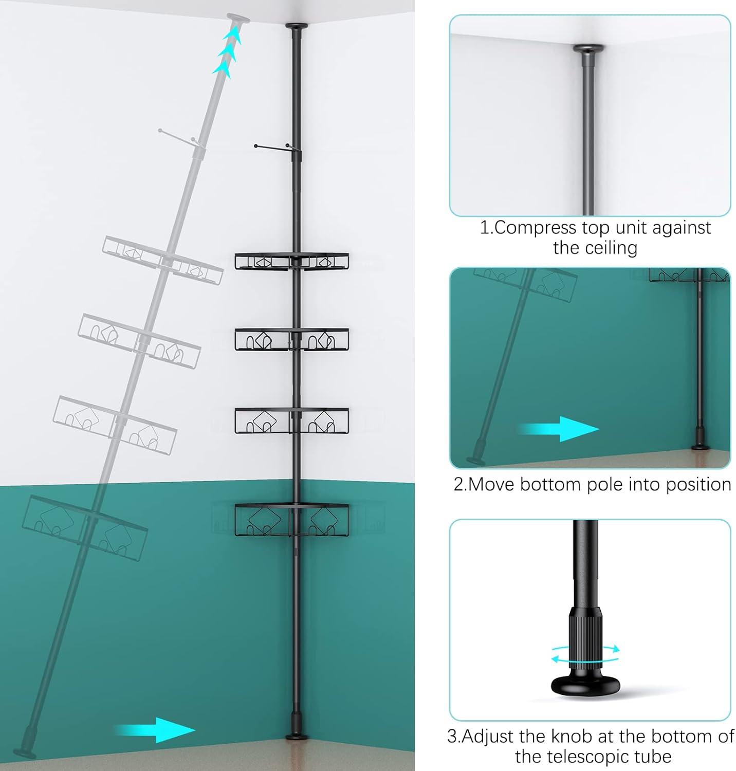 Black Adjustable Height 4-Tier Corner Shower Caddy