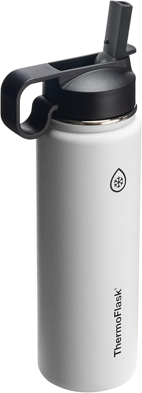 ThermoFlask 24oz Insulated Stainless Steel Bottle 2 in 1 Chug and Straw Lid White: Lifetime Warranty, Hand Wash, All Ages