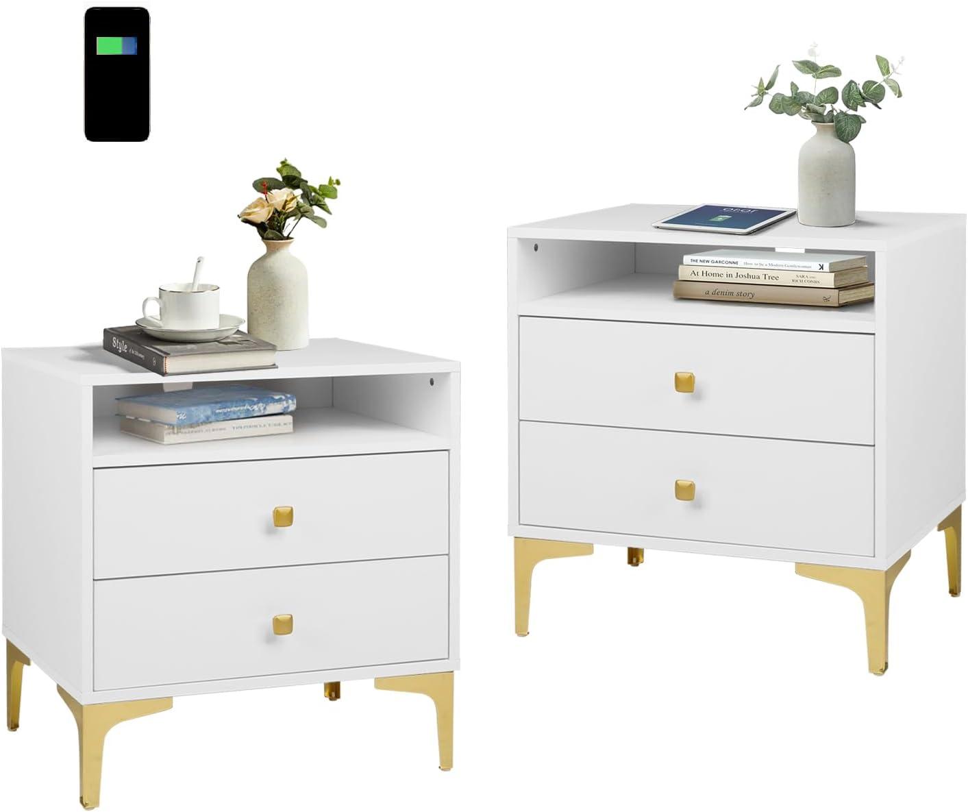 LAZZO Nightstands Set of 2 with Wireless Charging Function, White