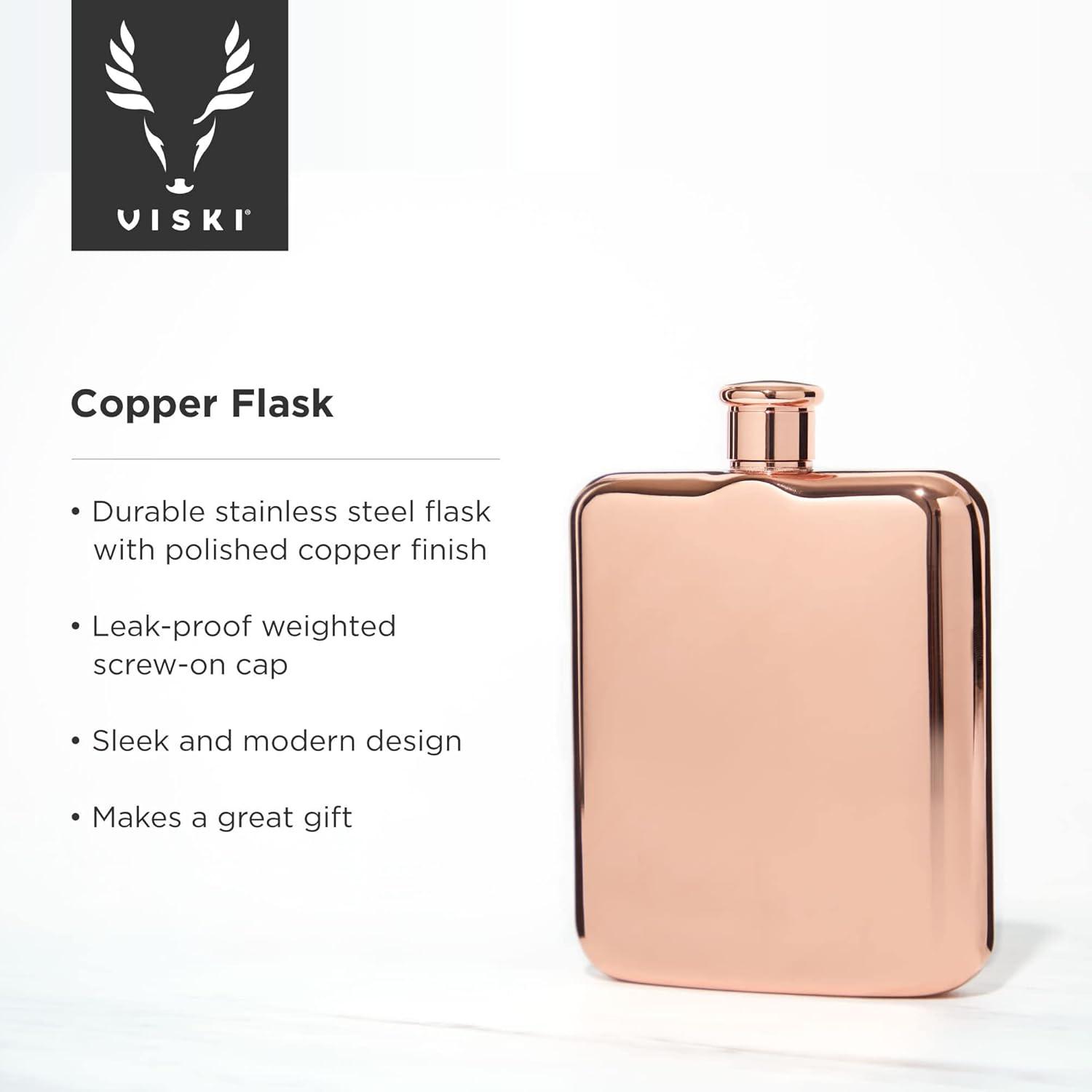 Viski Copper Flask, Stainless Steel Flask with Screw Top, Copper Plated Liquor Flask for Women and Men, 6 Ounces, Copper, Set of 1