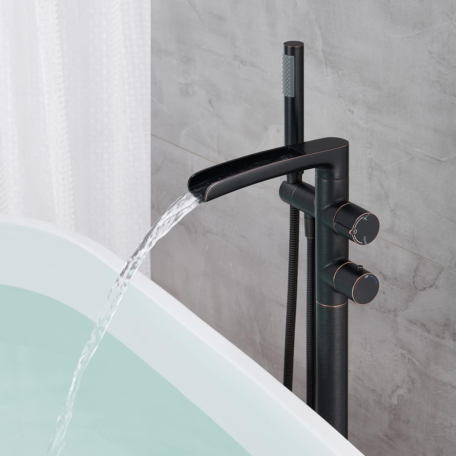 MOGFCT Waterfall Freestanding Bathtub Faucet Set Single Handle Floor Mount Tub Filler with Hand Shower ,Matte Black