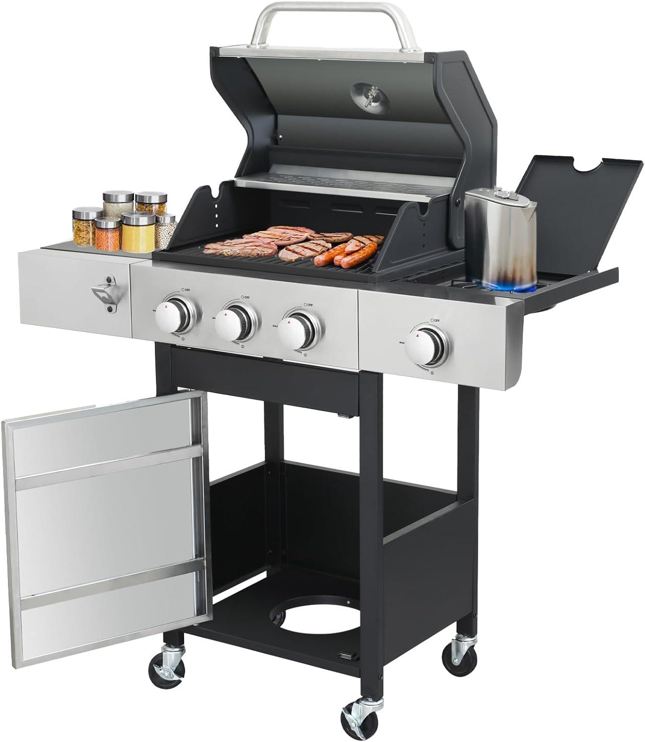 4-Burners Propane Gas Grill with Side Burner & Thermometer, Stainless Steel Propane Grill for Outdoor BBQ and Camping, Patio Backyard Barbecue, 42000 BTU Output