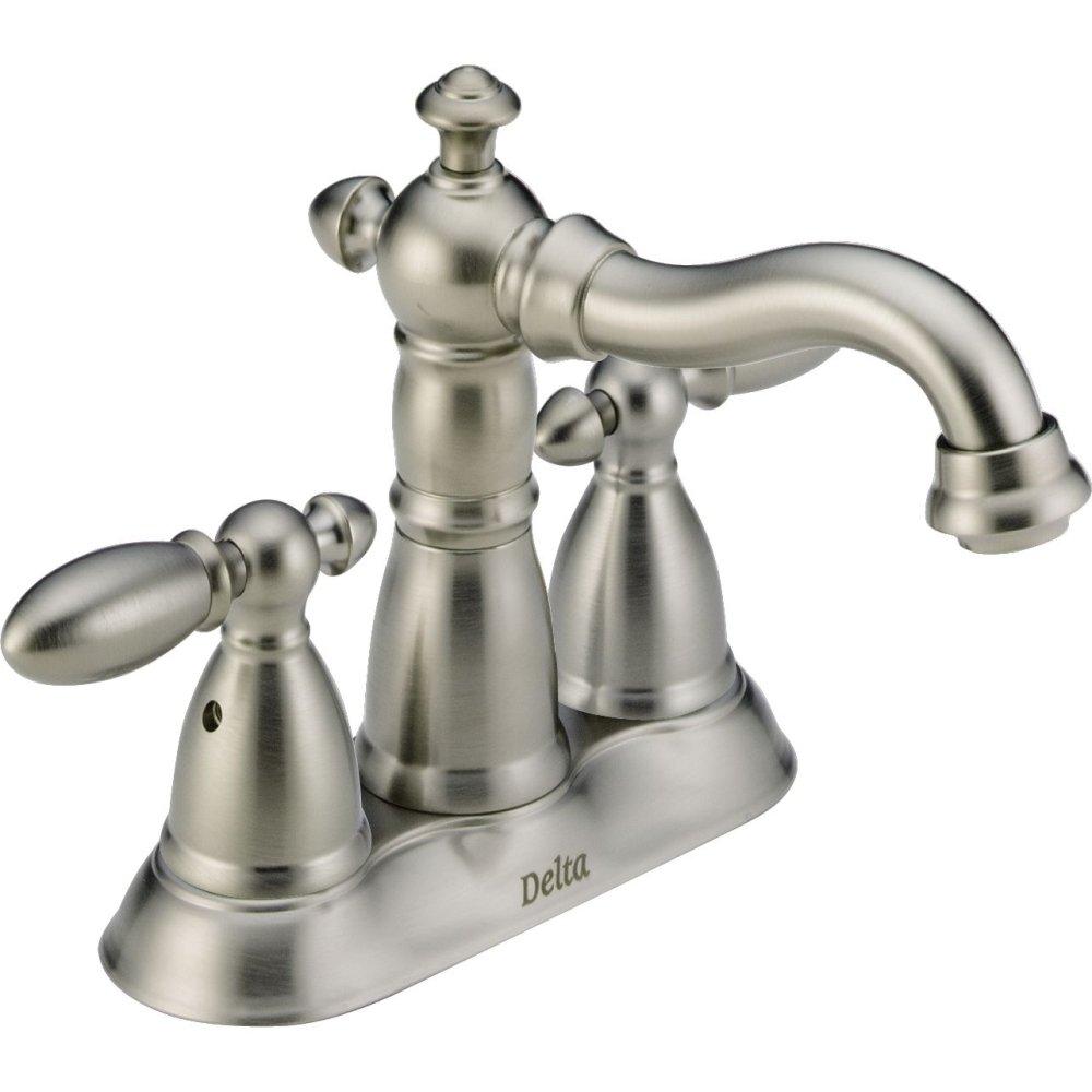 Delta Faucet Victorian Centerset Bathroom Faucet Brushed Nickel, Bathroom Sink Faucet, Diamond Seal Technology, Metal Drain Assembly, Stainless 2555-SSMPU-DST
