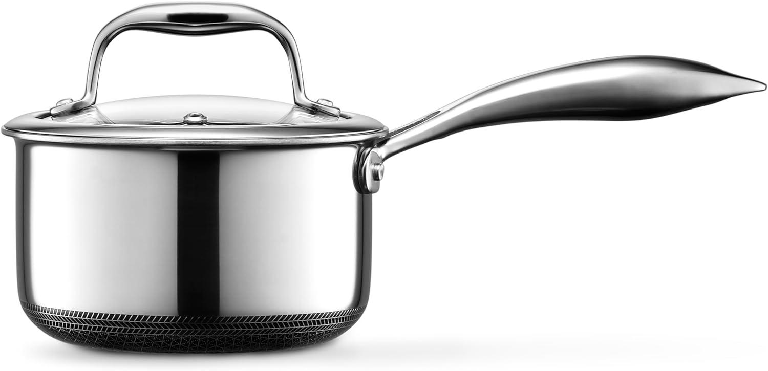 HexClad 1-Quart Stainless Steel Nonstick Saucepan with Glass Lid