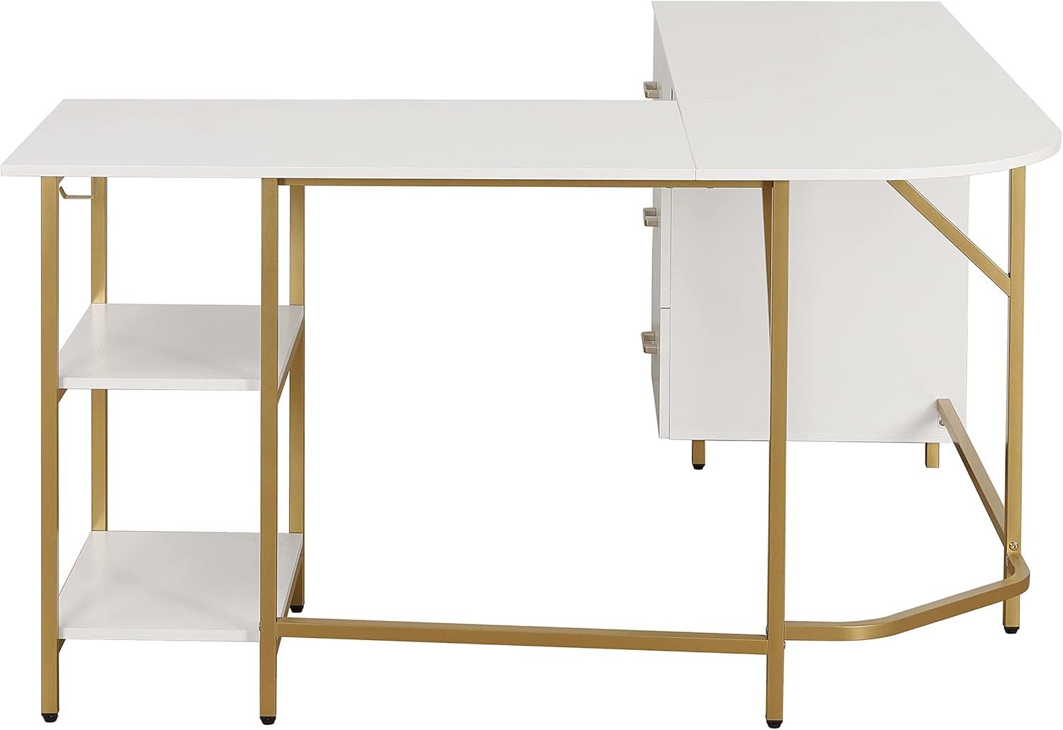 Techni Mobili L-Shape Home Office Desk with Storage, Gold/White