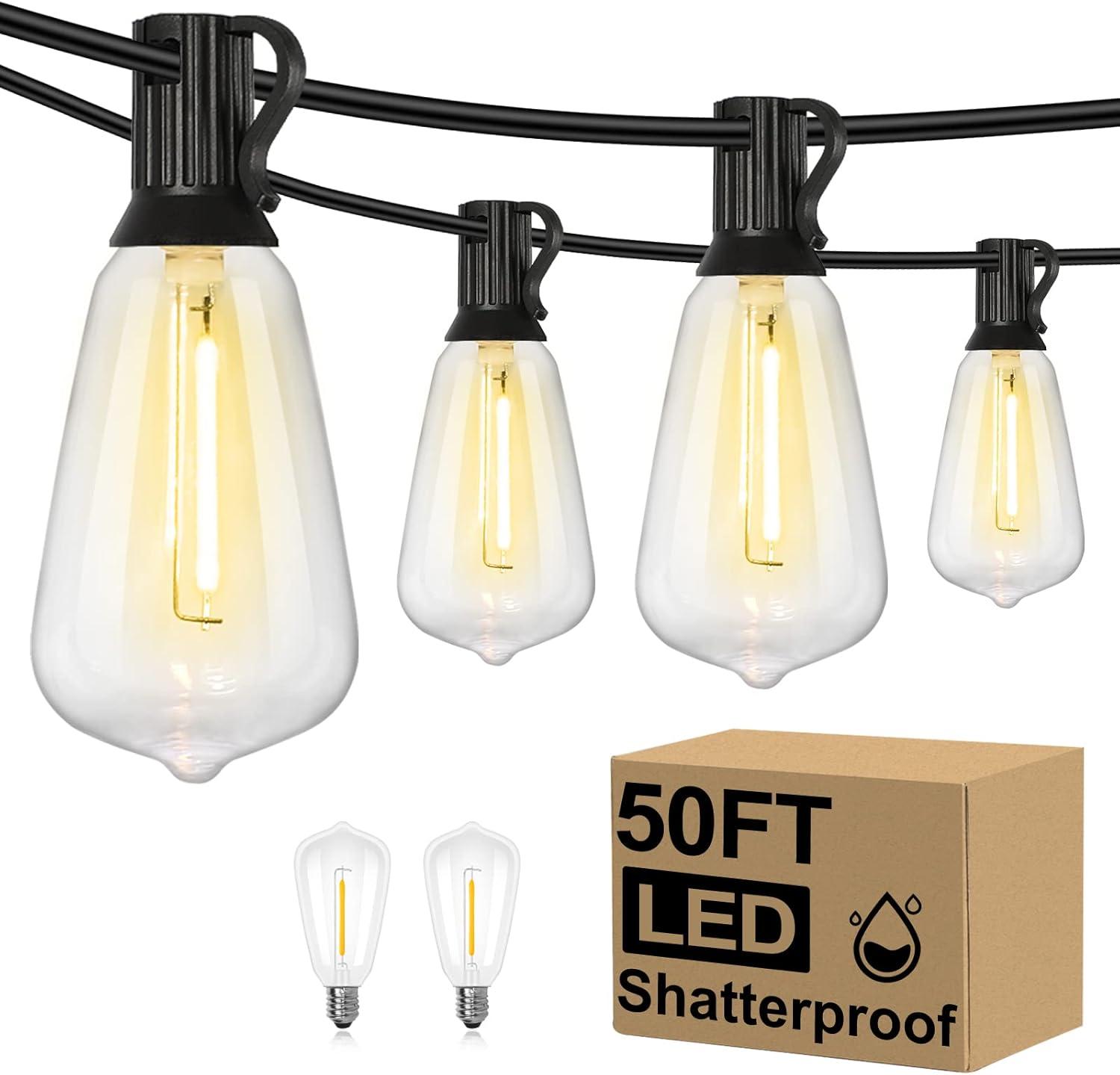 50FT Warm White LED Outdoor String Lights with Shatterproof Edison Bulbs