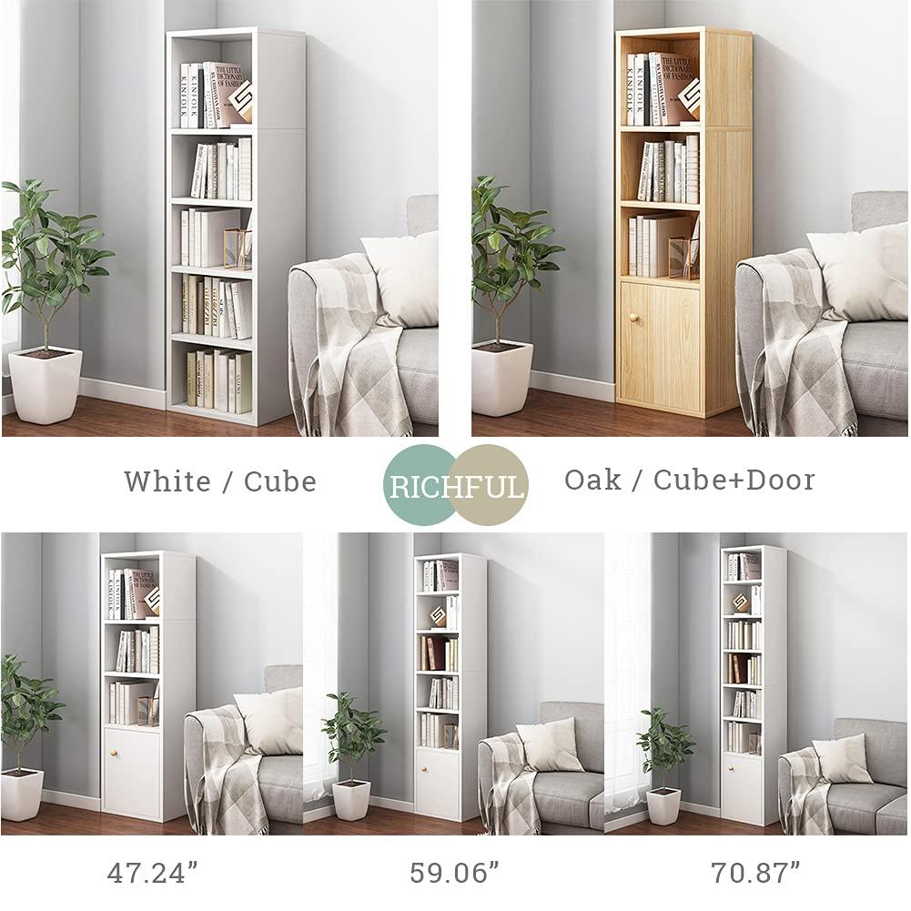 IOTXY Small Narrow Corner Bookcase - 59" Tall Free Standing Gap Storage Cabinet, 6 Lattices Open Shelves Tower Rack with Door, Cubes Bookshelf, White