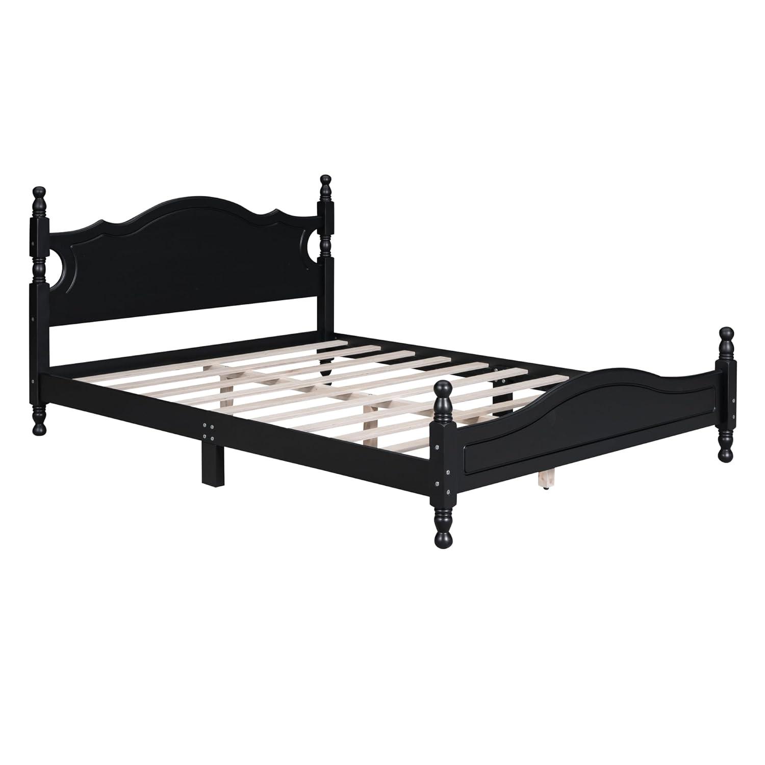 Queen Size Wood Platform Bed Frame for Boys Girls Kids Toddler,Retro Style Platform Bed with Wooden Slat Support,Black