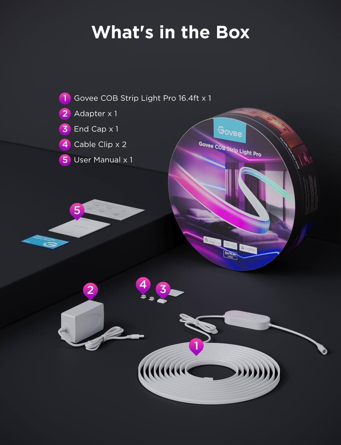 Govee COB LED Strip Light Pro, LED Lights for Bedroom Compatible with Alexa, Google Assistant and Matter, RGBICW Light with Warm White, Smart Strip Light, Color Changing, for Cabinet, 16.4ft