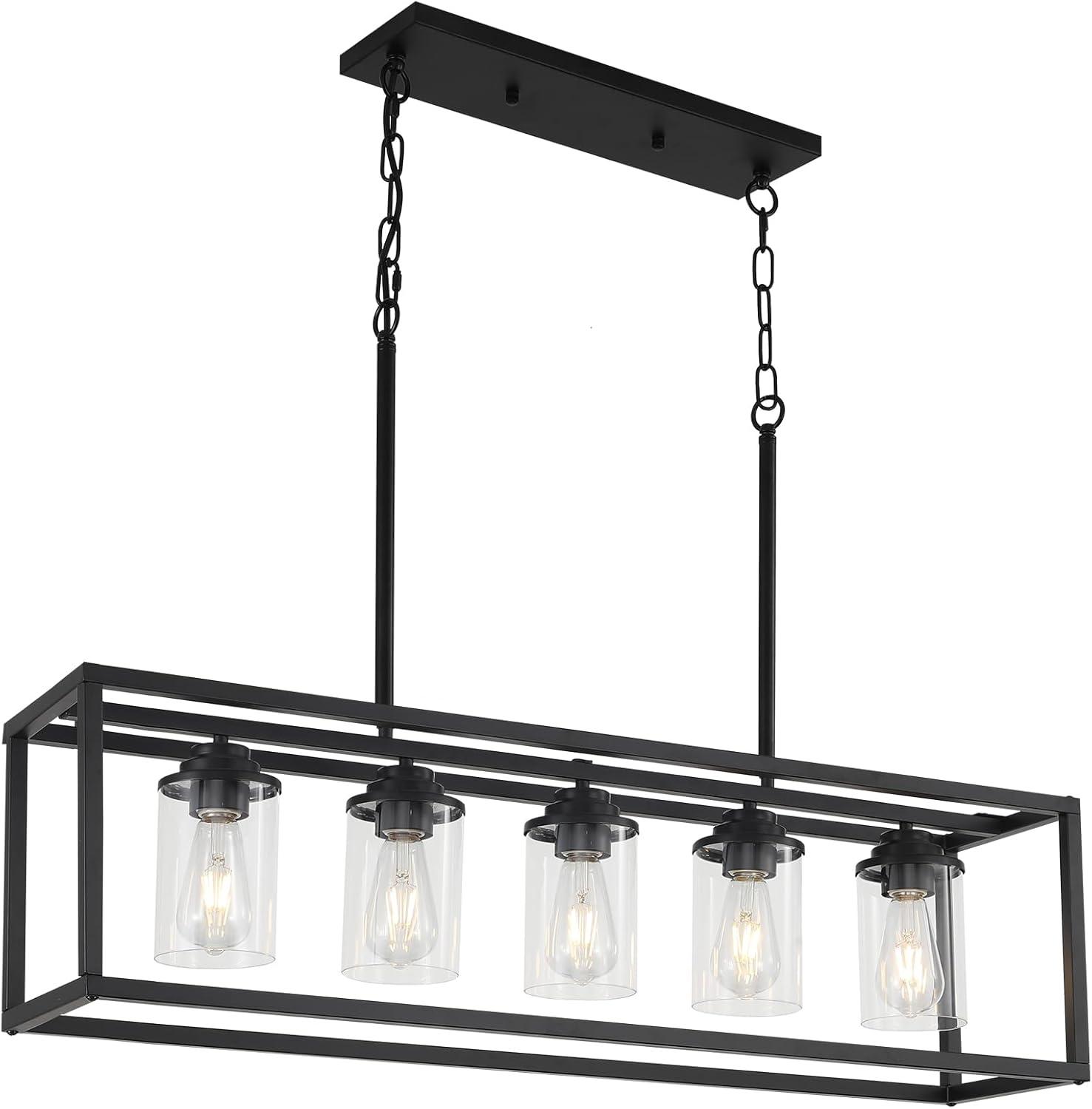 Black Metal and Glass 5-Light Adjustable Kitchen Island Pendant