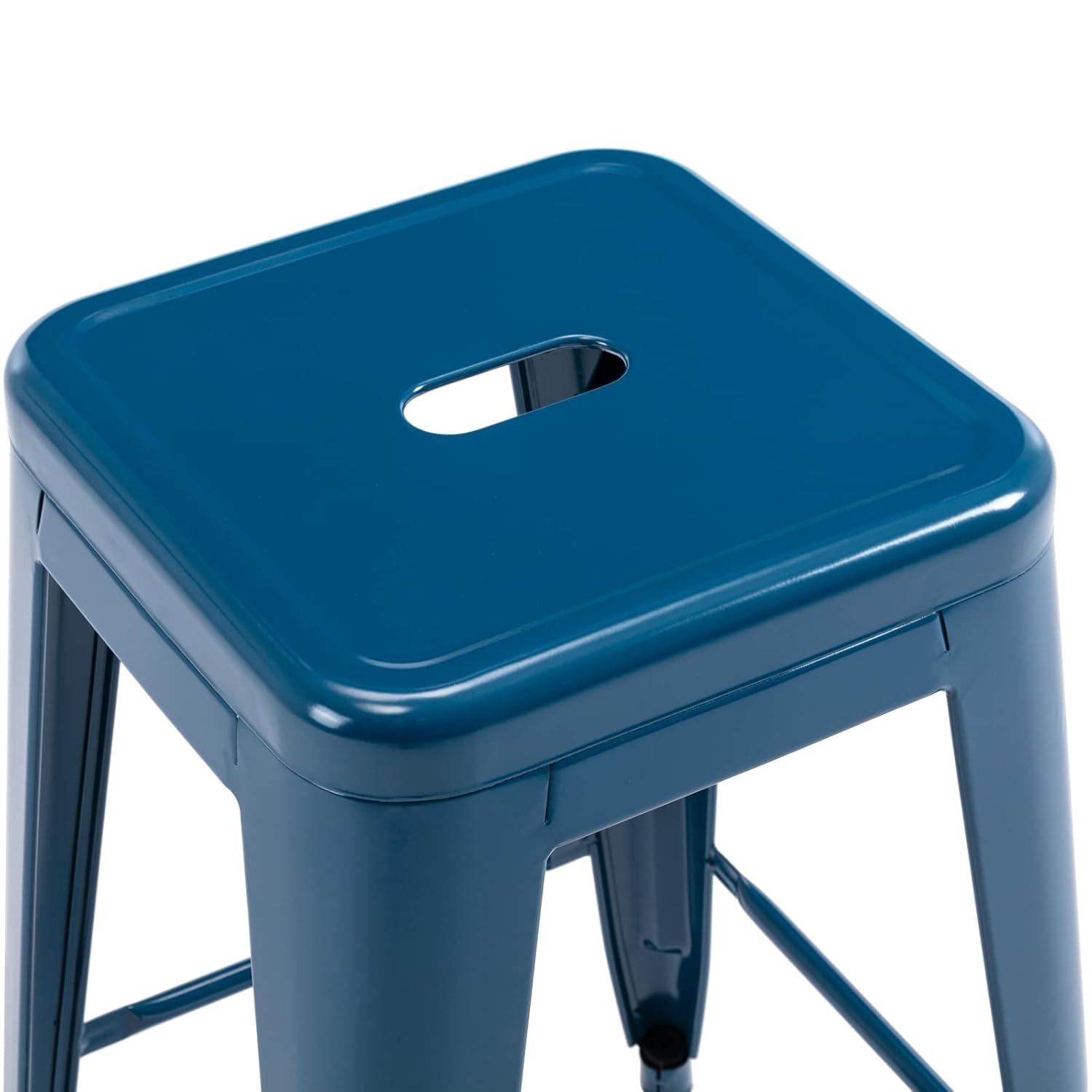Vogue Furniture Direct 24 Inch Metal Bar Stools, Backless Counter Height Barstools, Indoor Outdoor Stackable Stools with Square Seat, Set of 2 (Deep Blue)