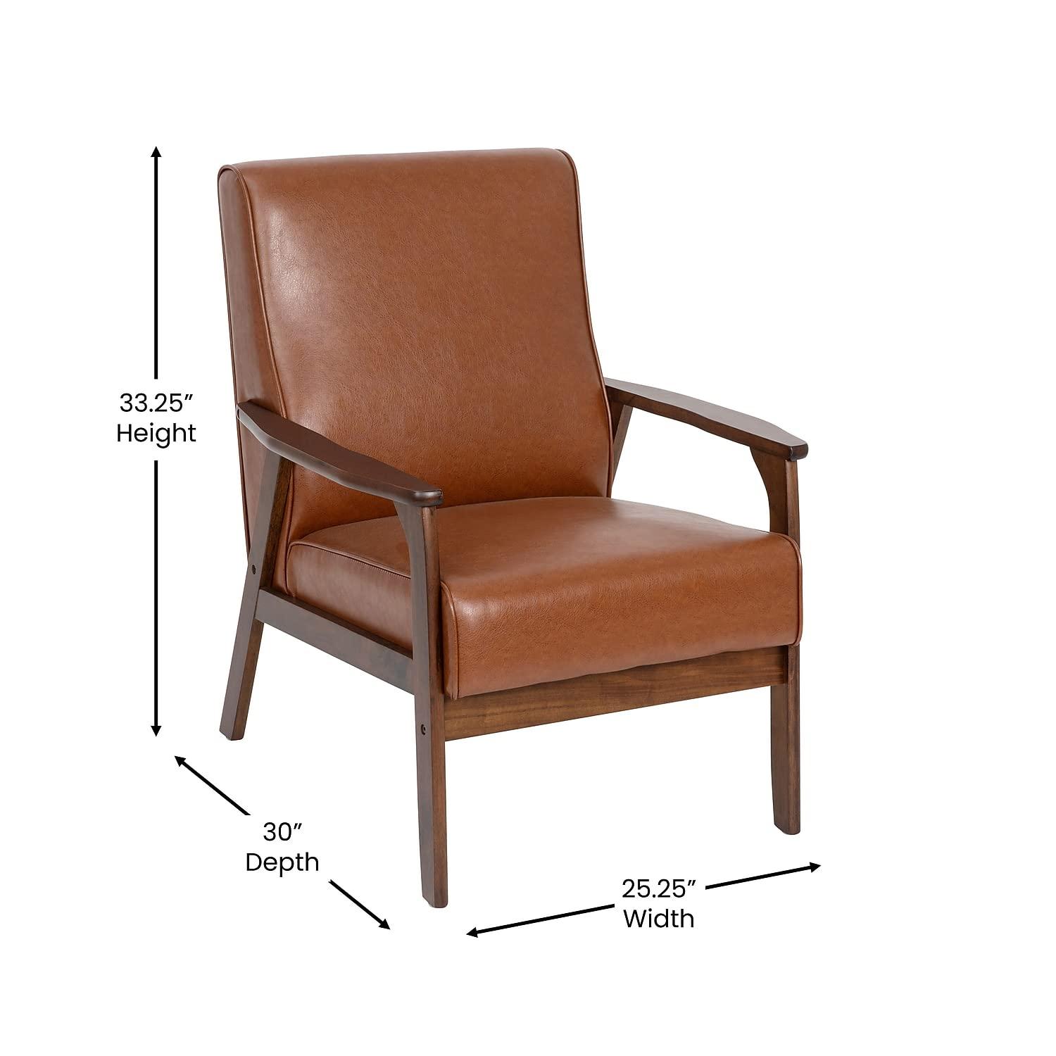 Flash Furniture Langston Commercial Grade LeatherSoft Upholstered Mid Century Modern Arm Chair with Walnut Finished Wooden Frame and Arms in Cognac