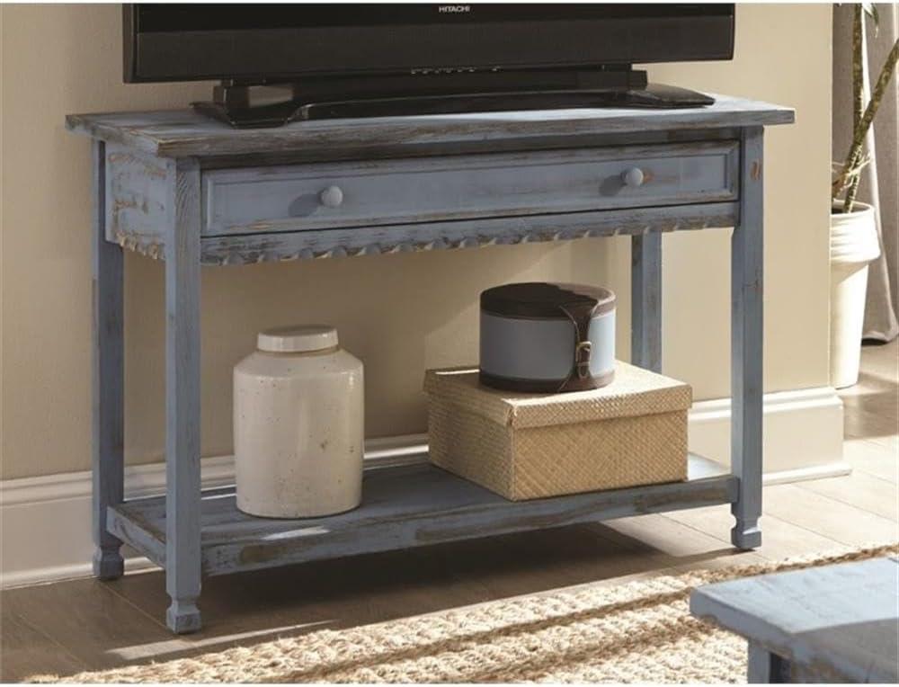Alaterre Furniture Country Cottage Media/Console Table, Solid Pine Wood Perfect for Living Room, Entryway, Hallway, Blue Antique Finish