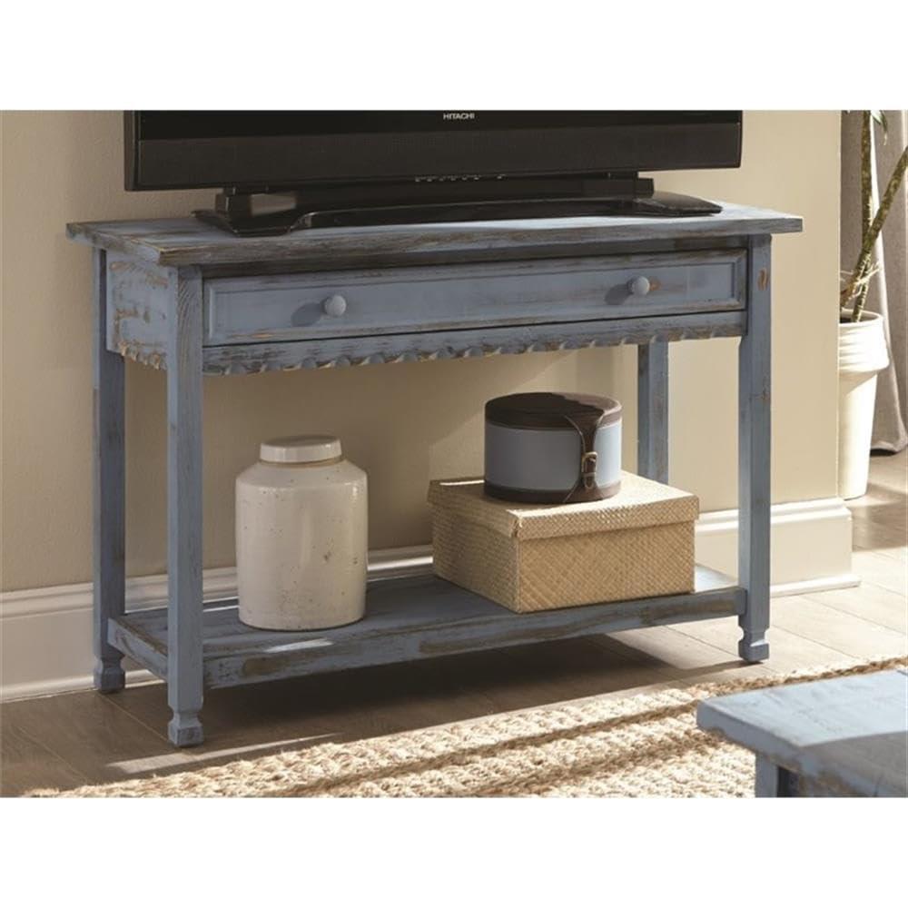 Alaterre Furniture Country Cottage Media/Console Table, Solid Pine Wood Perfect for Living Room, Entryway, Hallway, Blue Antique Finish