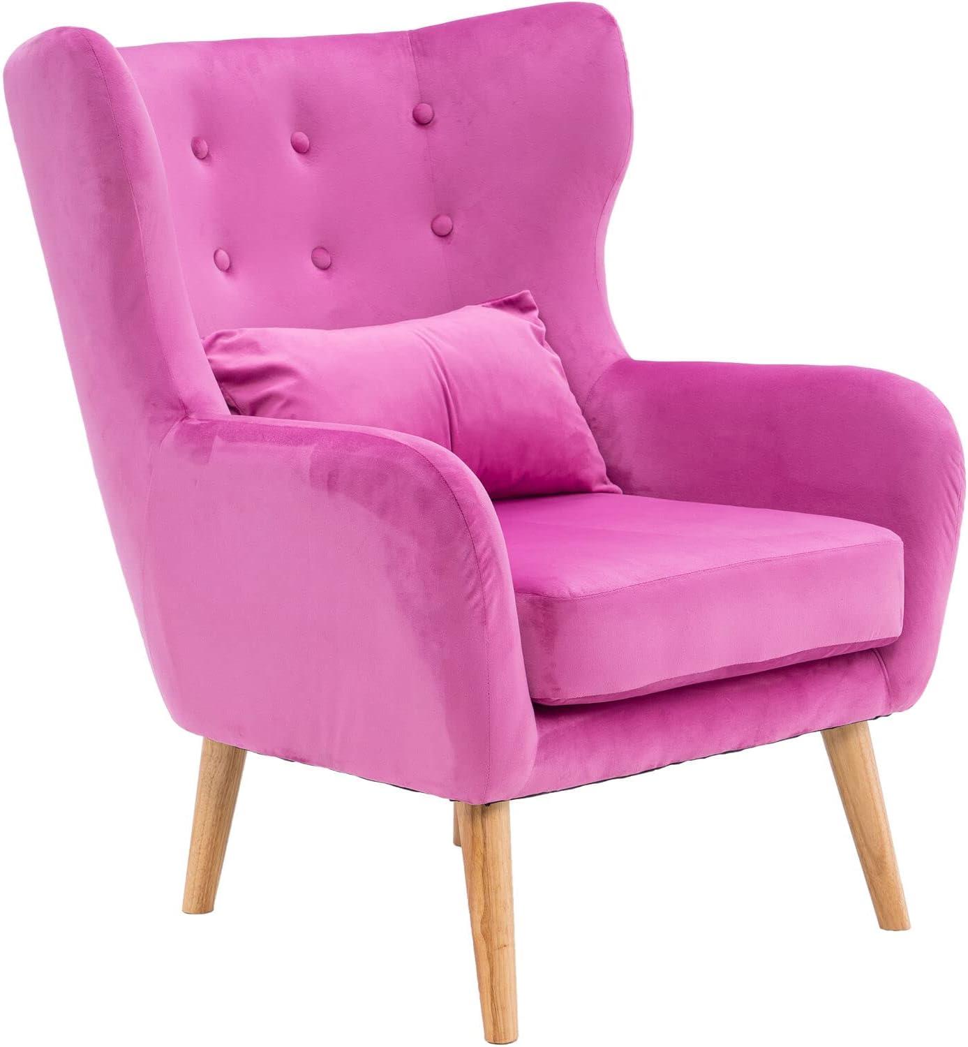 Critter Sitters Wingback Accent Chair with Pillow Faux Velvet with Wooden Legs , Pink