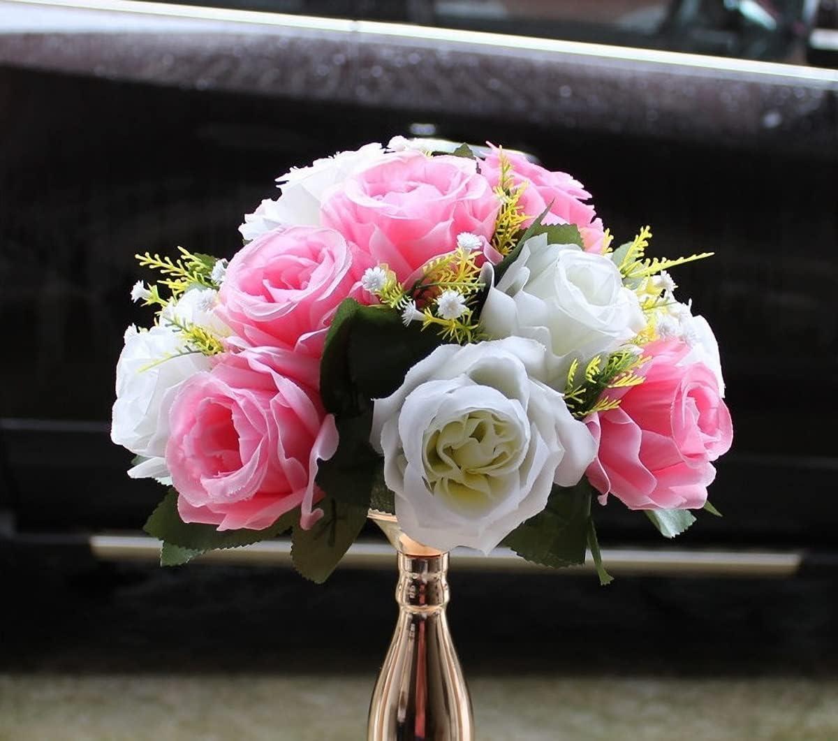 Nuptio Set of 2 Blue&White Artificial Flower Kissing ball, 15 Heads Fake Peony Silk Rose Flowers Bouquet for Centerpiece Wedding Birthday Party Home Table Decor