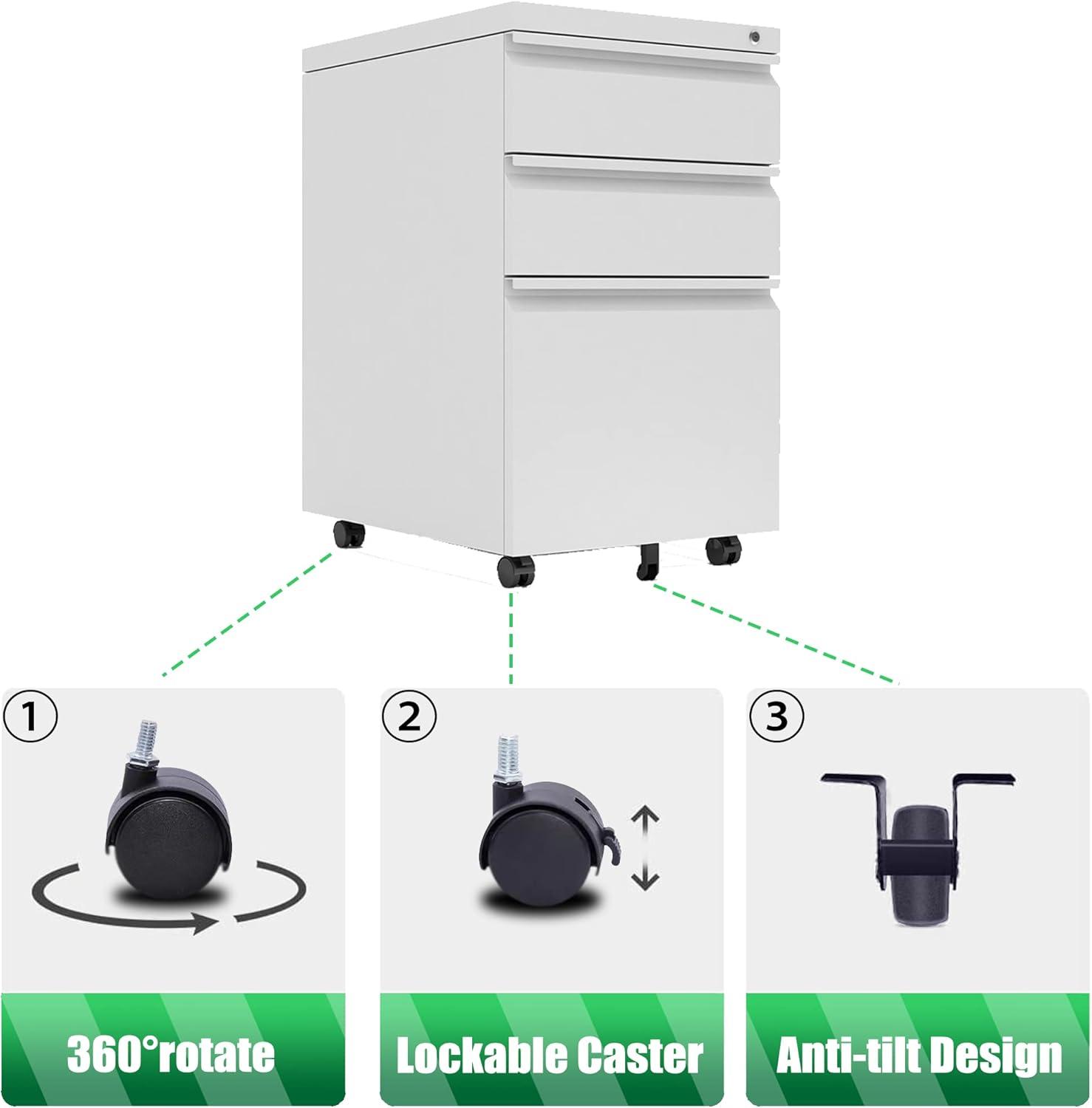 SYNGAR 3 Drawer File Cabinet with Lock, Mobile Printer Stand with 5 Wheels, Under Desk Metal Filing Cabinet fits A4 File/Letter/Legal for Home Office, Fully Assembled, White, D8952