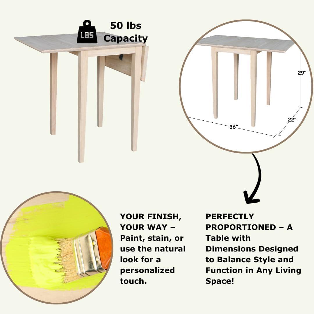 International Concepts Solid Wood Drop Leaf Casual Kitchen and Dining Table - Unfinished