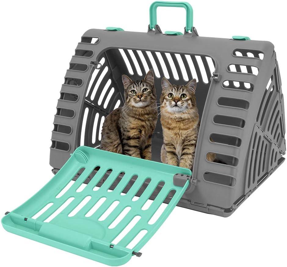 Sport Pet Designs, Foldable Plastic Travel Cat Carrier, Waterproof Bed included, 35 lb Limit, Gray