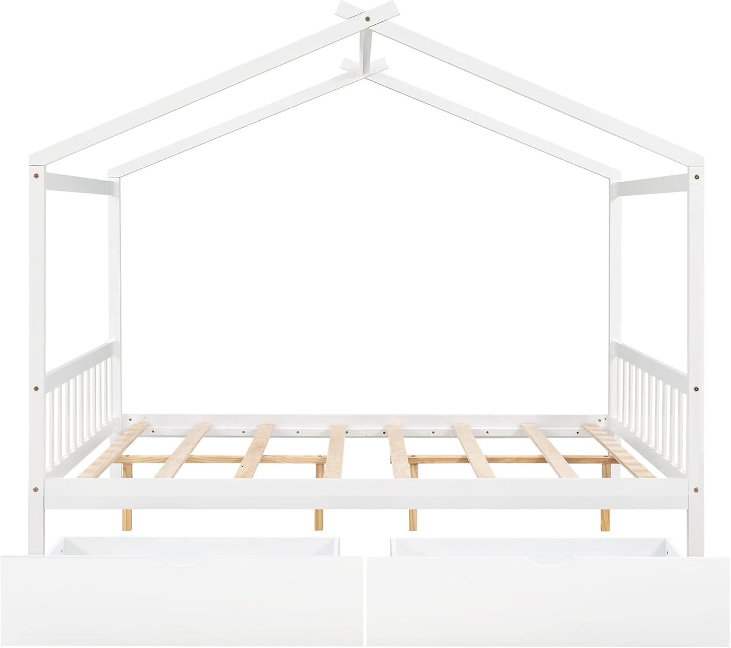 Kumix Platform Bed with Two Drawers, Wooden House Platform Bed Full Size with Headboard and Footboard, Roof Design for Kids Teens Boys and Girls, Noise-Free, No Box Spring Needed, White