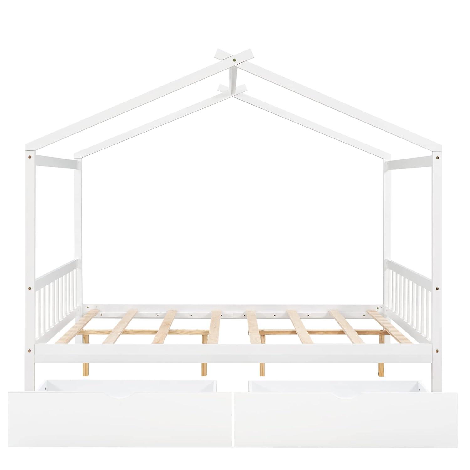 Kumix Platform Bed with Two Drawers, Wooden House Platform Bed Full Size with Headboard and Footboard, Roof Design for Kids Teens Boys and Girls, Noise-Free, No Box Spring Needed, White