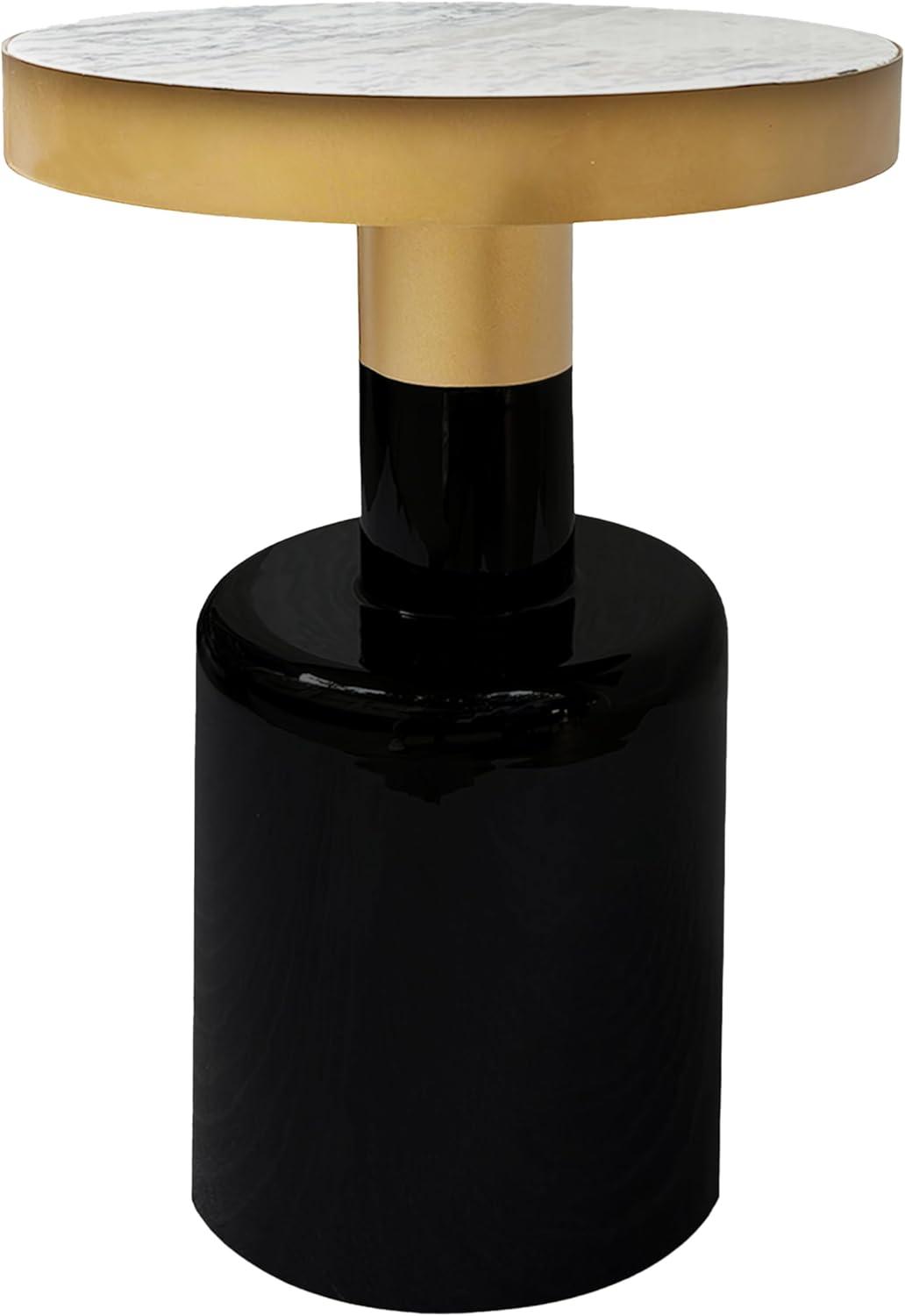The Urban Port 20" Round Side End Table Gold Banded Natural White Marble Top Black Enamel Coated Iron Pedestal Base White/Gold
