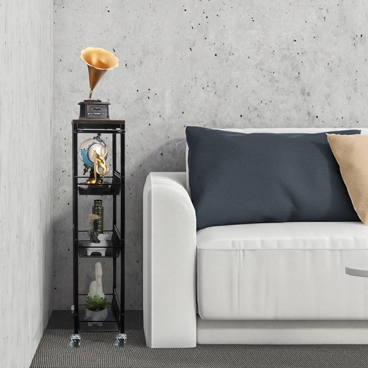 NANANARDOSO 4 Tier Slim Storage Cart, Shelving Unit for Small Space, Rolling Cart with Wooden Top and Metal Handle for Narrow Space on Kitchen, Bathroom, Laundry Room, Black.