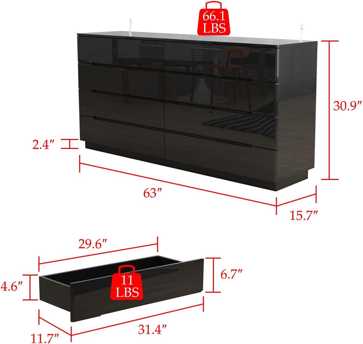 Black 8-Drawer 63 in. W Wood Double Dresser Chest of Drawers Bedroom Storage Organizer in With High Gloss and LED Lights