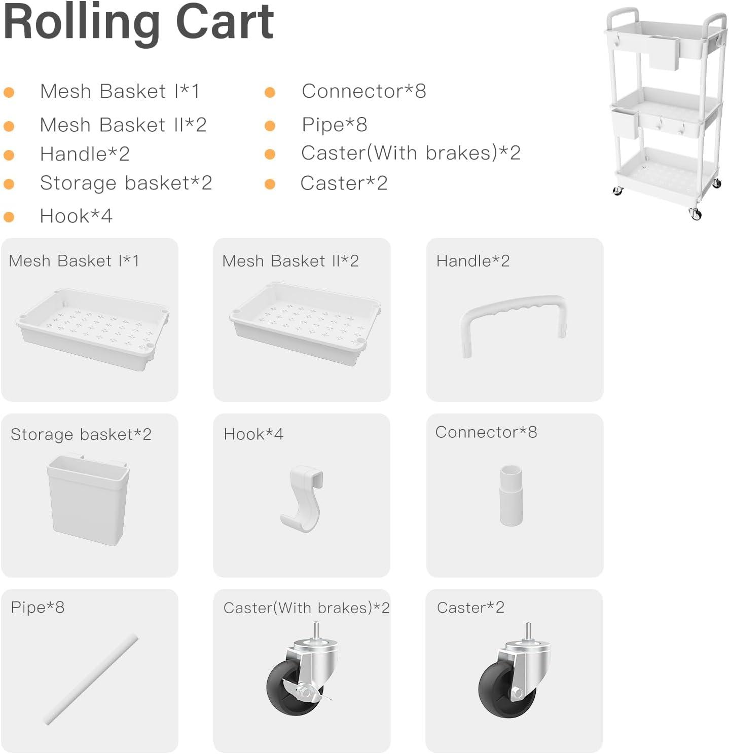 White 3-Tier Rolling Utility Cart with Handle and Storage