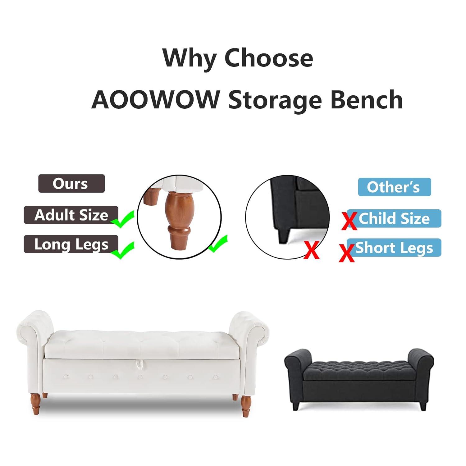 Aoowow 63" Storage Bench for Bedroom End of Bed Rolled Armed Velvet Fabric Ottoman Couch Long Bench Window Sitting Fireplace Toy Storage Bench,Beige