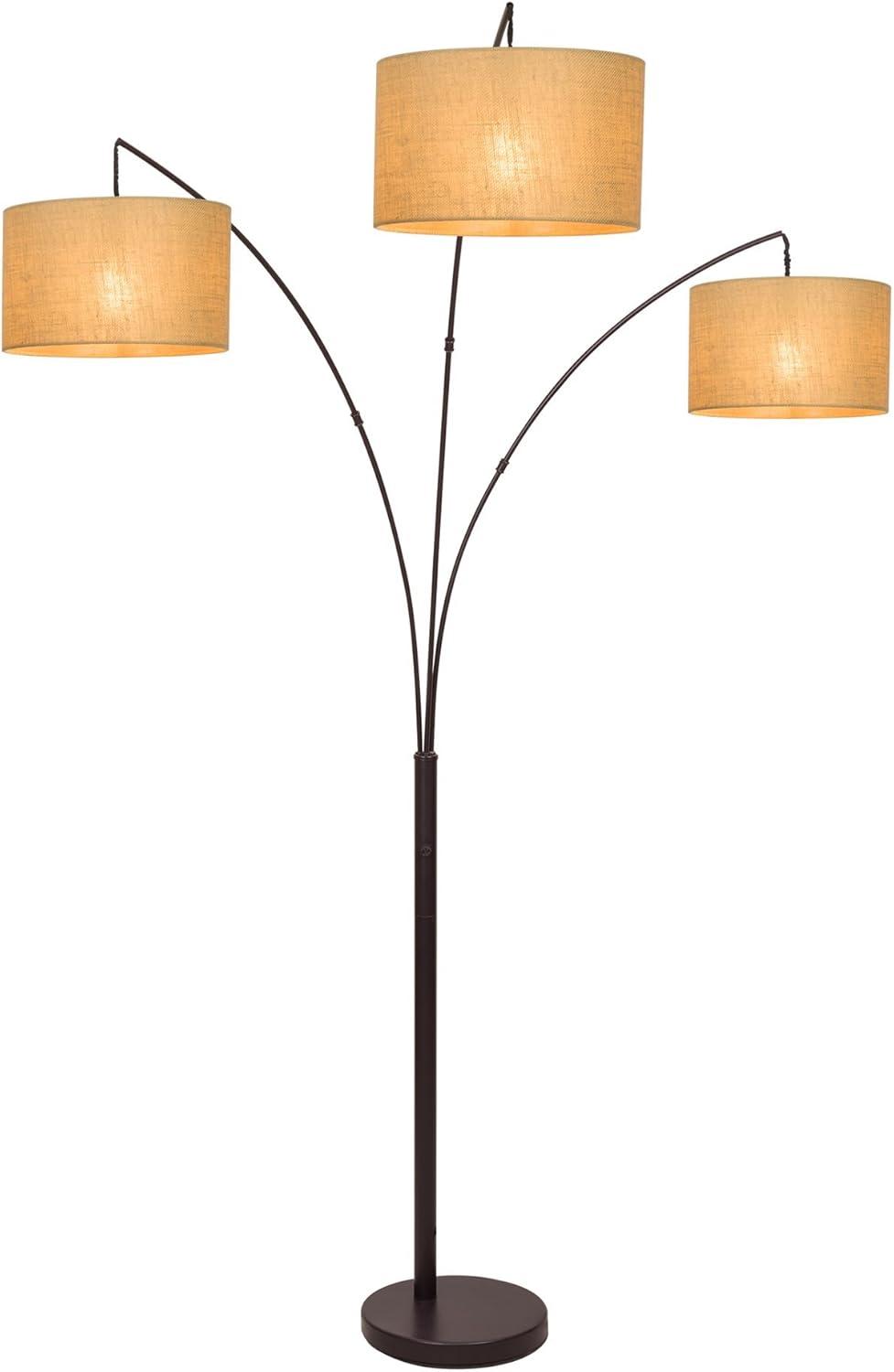 Elegant Antique Bronze Arc Floor Lamp with Beige Burlap Shades