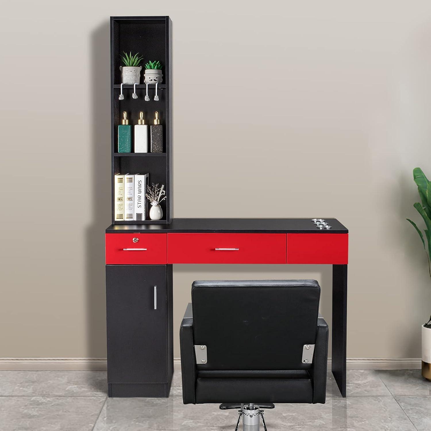 Inbox Zero Black Red Wall Mount Barber Station With 2 Drawers 1 Storage Cabinet 3 Open Shelves With Mirror