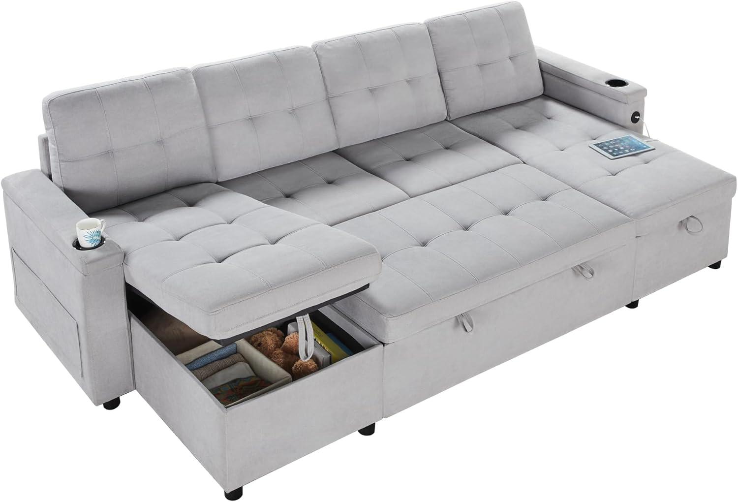 Light Grey Tufted Sleeper Sofa with Storage and Cup Holder