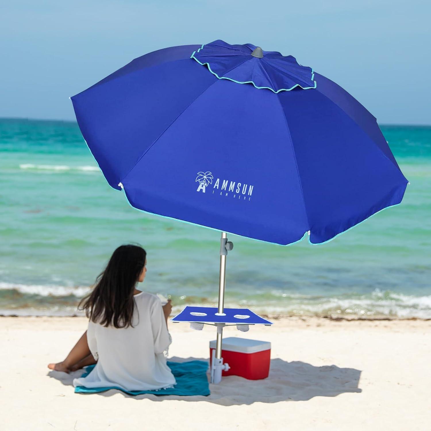 Blue 7ft Round Beach Umbrella with Aluminum Pole and Built-in Table