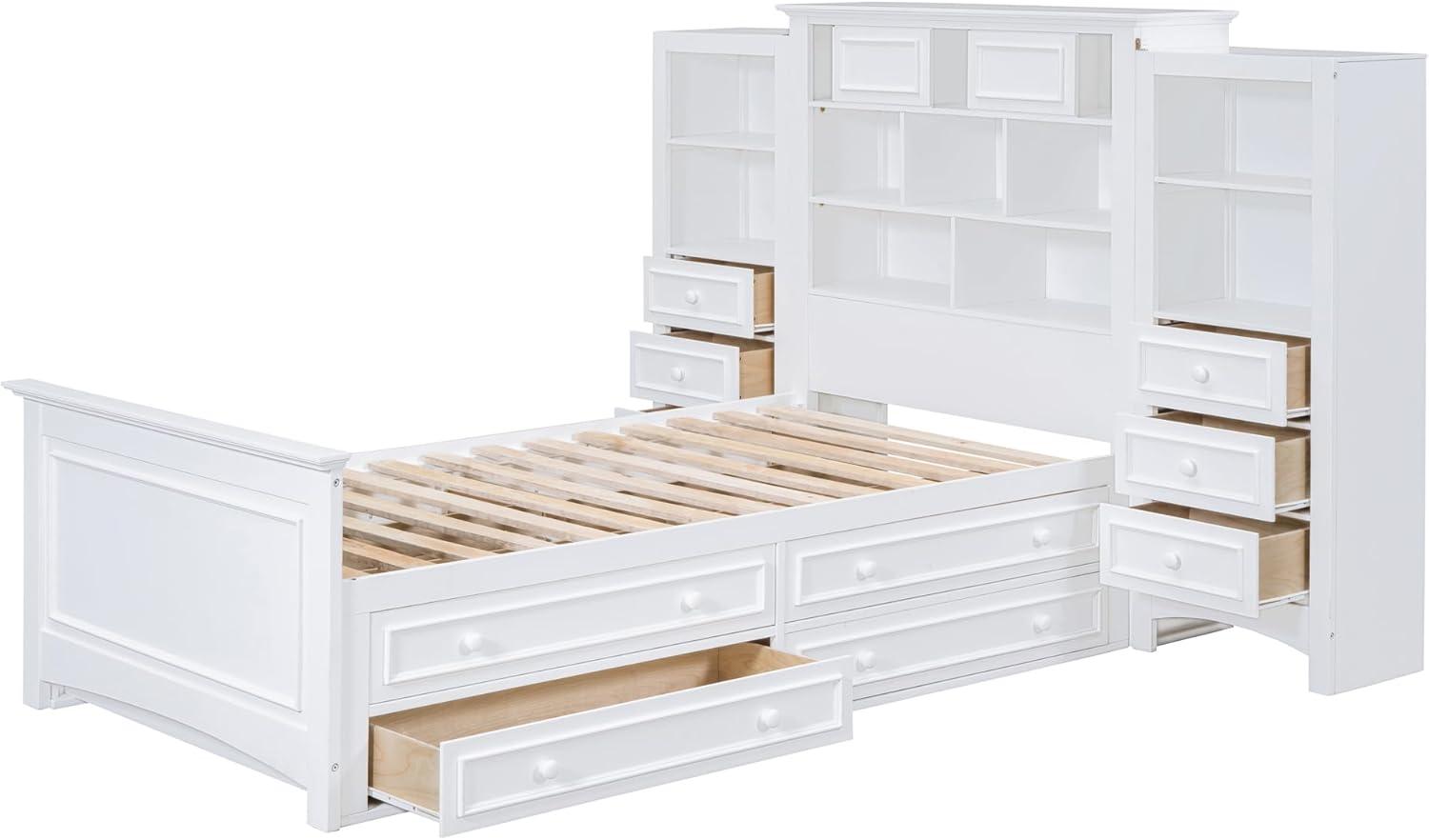 White Twin Wood Platform Bed with Bookcase Headboard and Storage Drawers