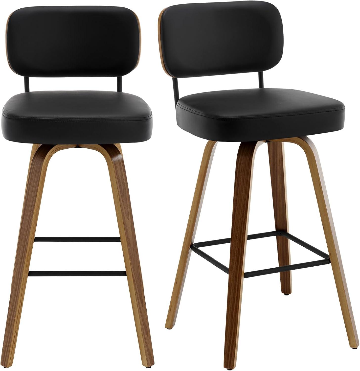 Black Faux Leather Swivel Bar Stools with Walnut Bentwood Legs, Set of 2