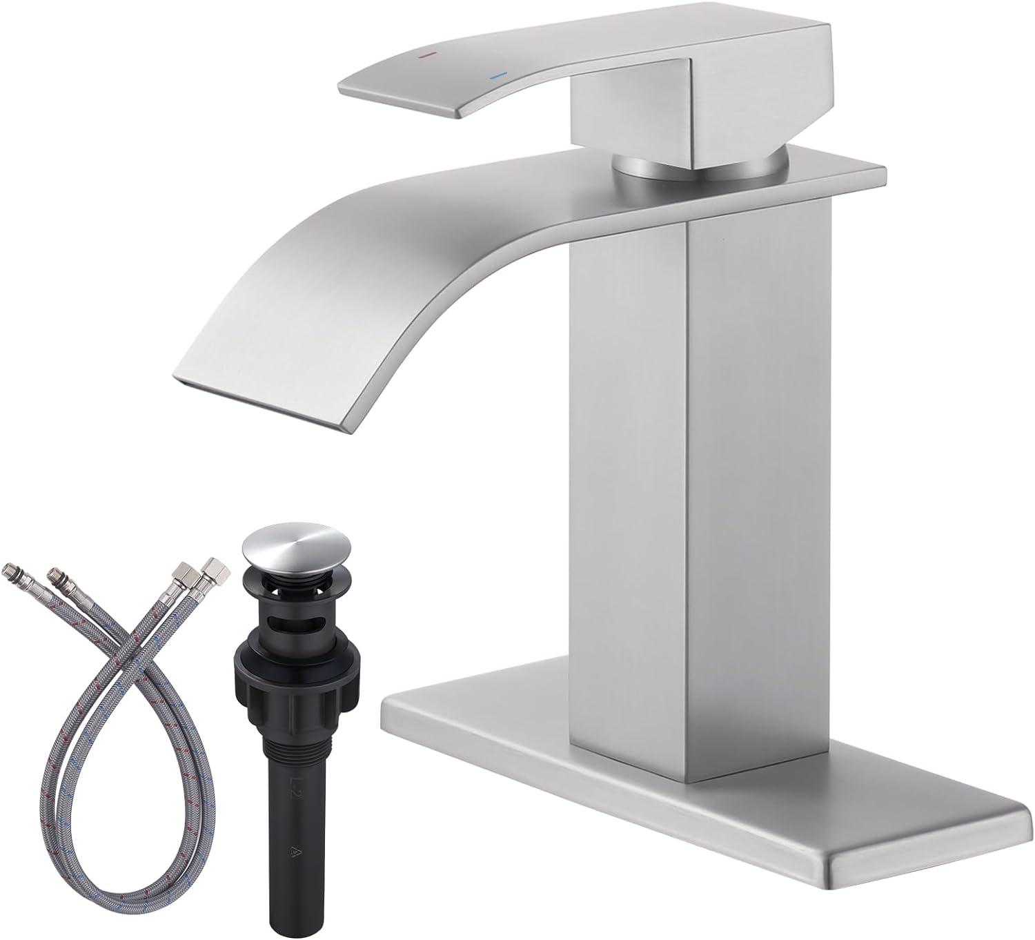 Waterfall Single Handle Bathroom Vanity Sink Faucet with Metal Pop-up Drain, Brushed Nickel Finish