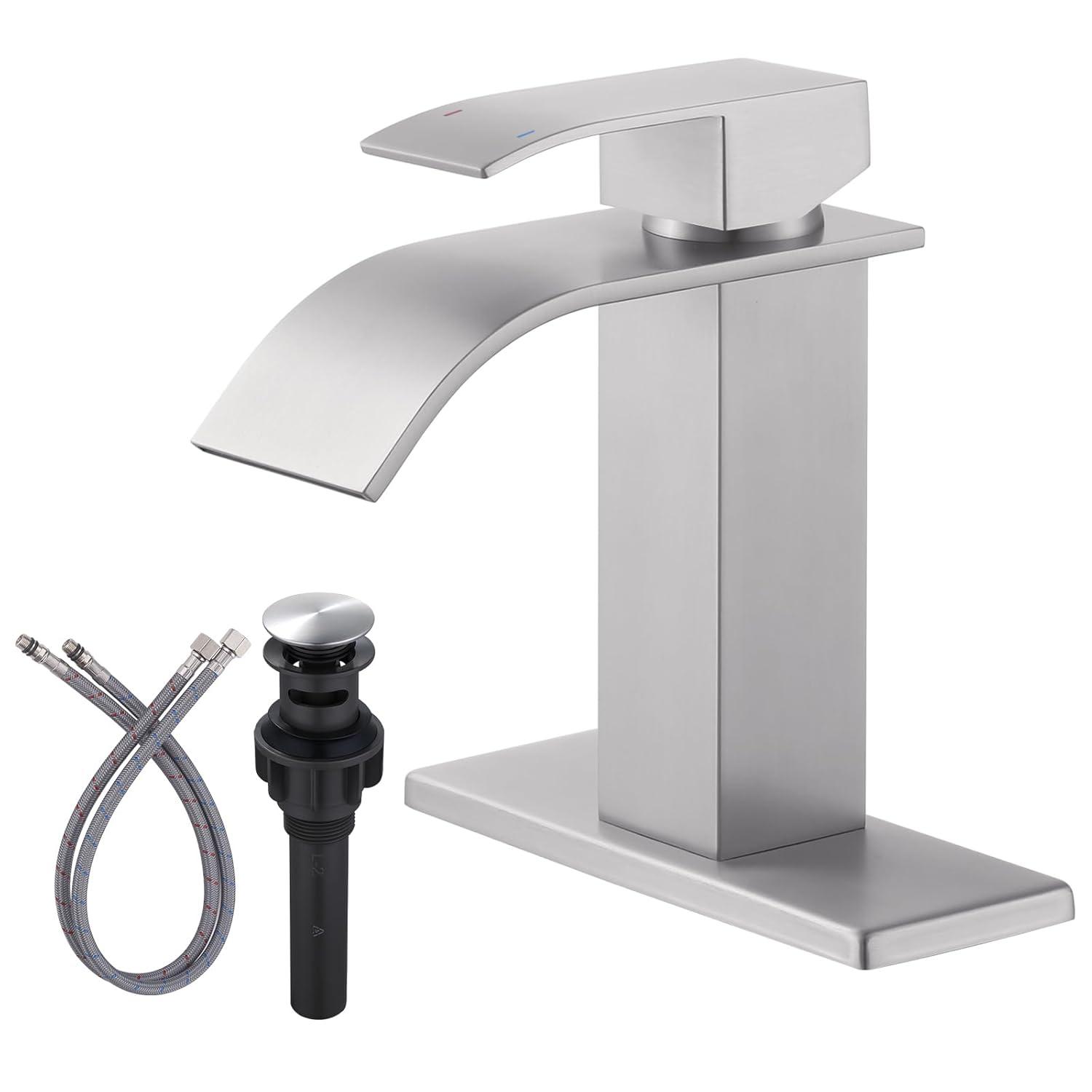 Waterfall Single Handle Bathroom Vanity Sink Faucet with Metal Pop-up Drain, Brushed Nickel Finish